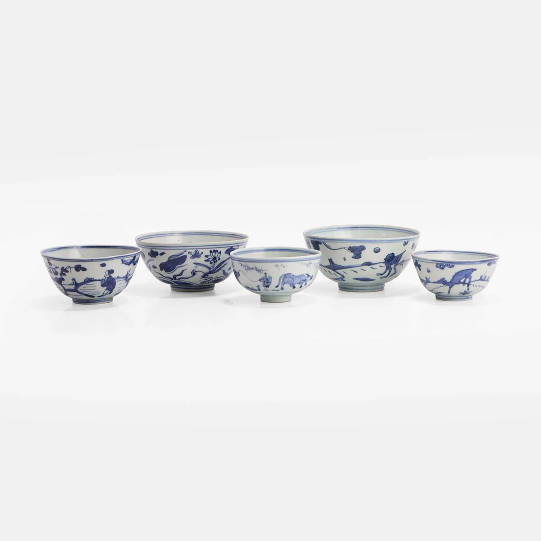 A collection of five Chinese blue and white bowls late Ming dynasty