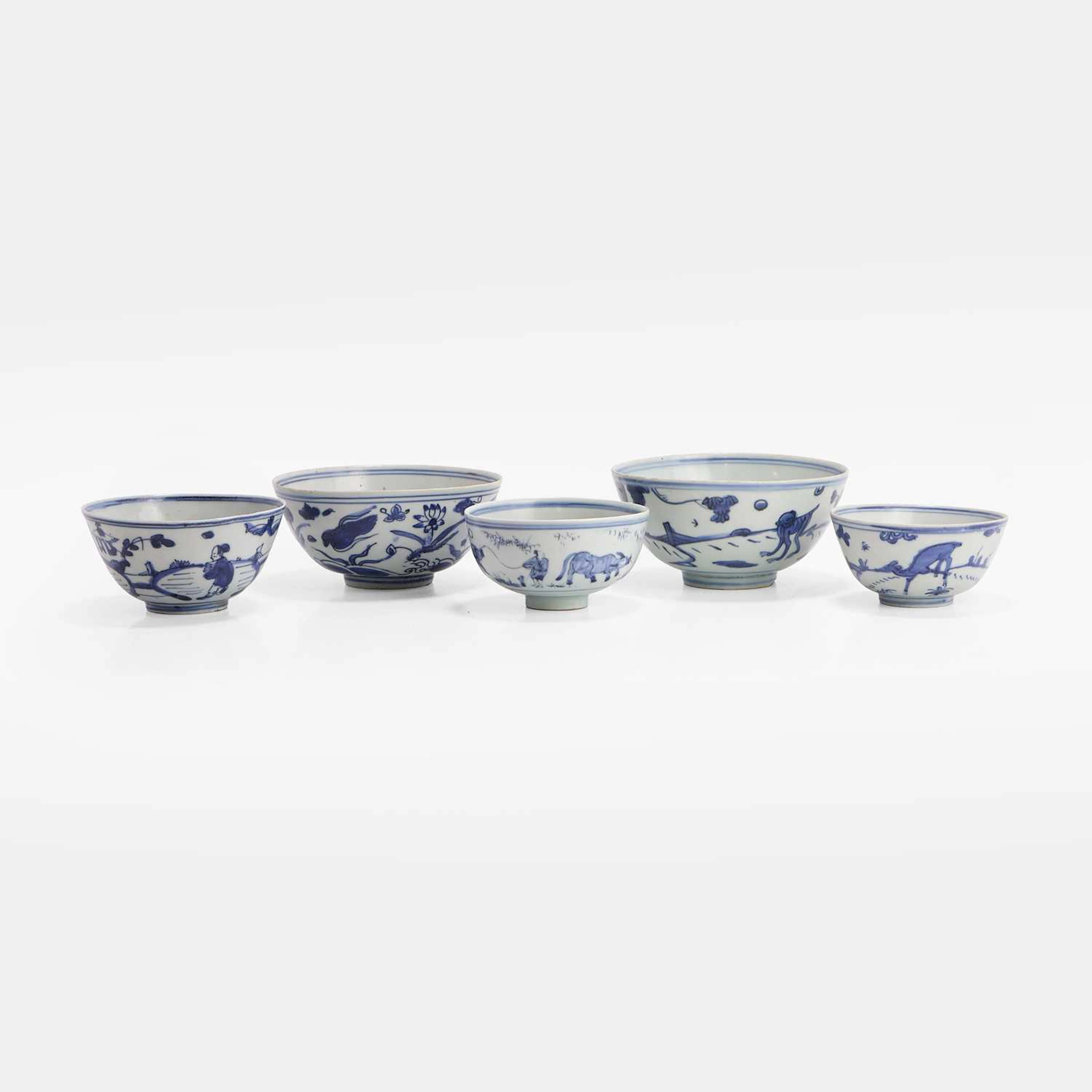 A collection of five Chinese blue and white bowls late Ming dynasty