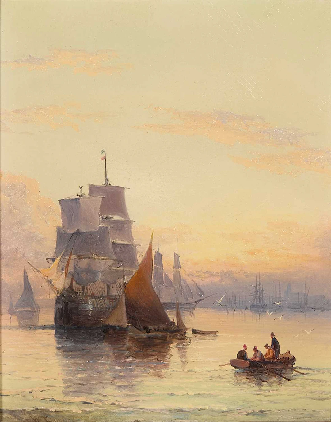William Thornley (British, fl. 1858-1898) Shipping off the coast at sunset