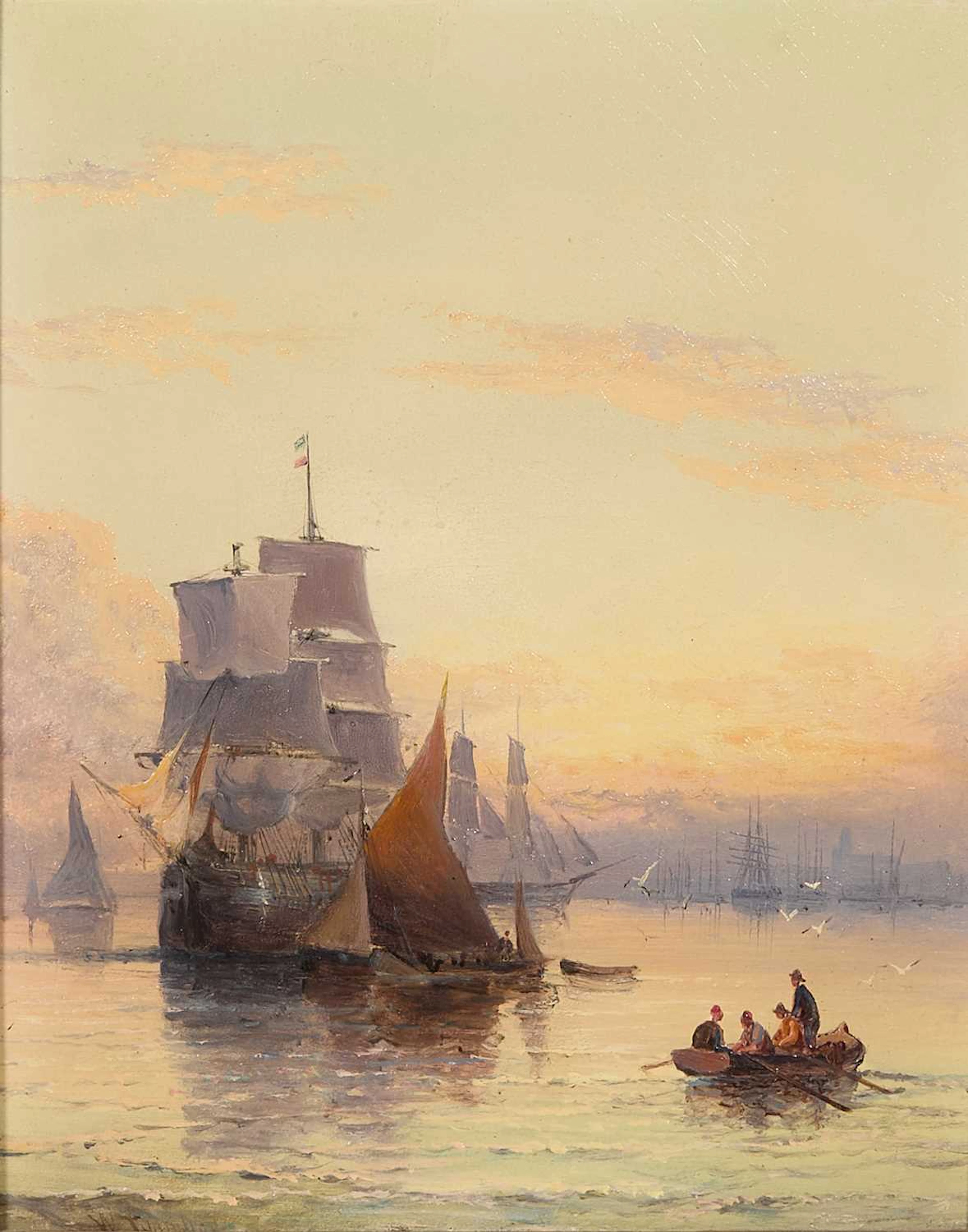 William Thornley (British, fl. 1858-1898) Shipping off the coast at sunset
