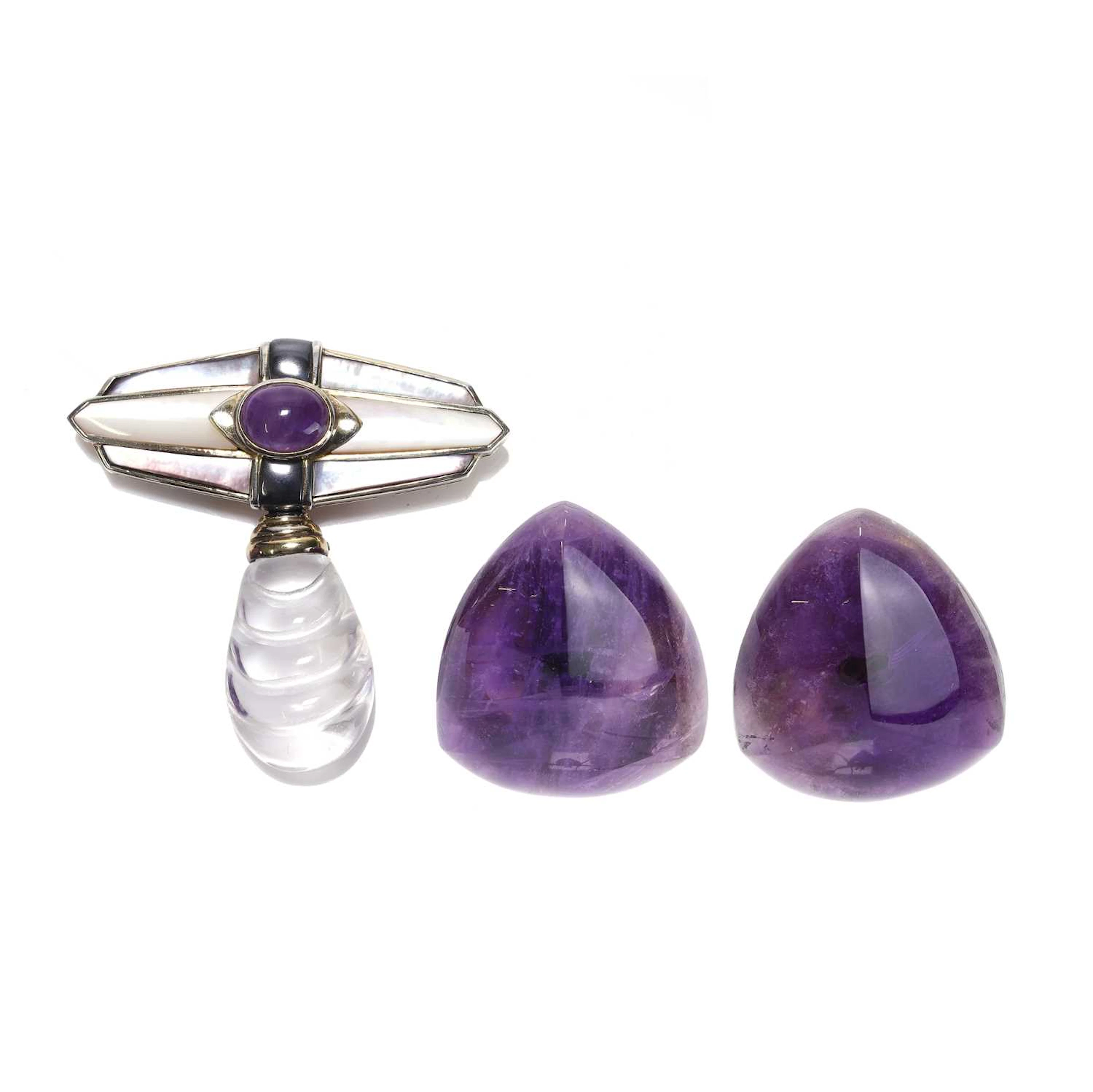 Kai Yin Lo a silver gilt amethyst brooch and a pair of amethyst earrings