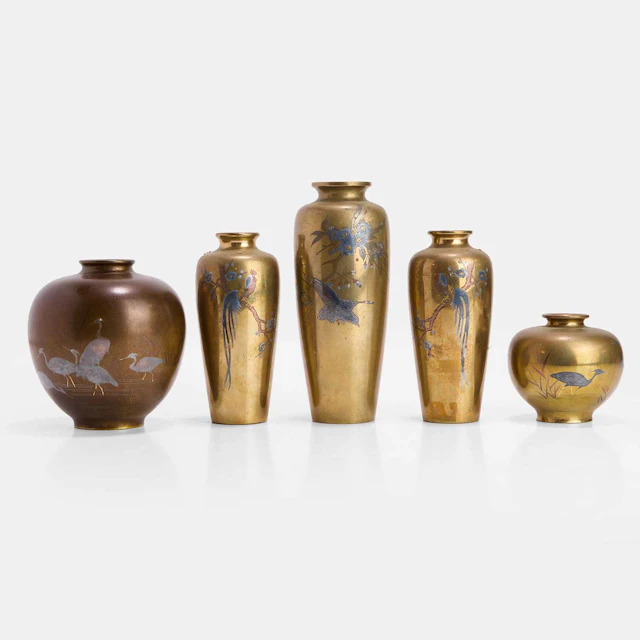 A group of Japanese mixed-metal inlaid bronzes early 20th century