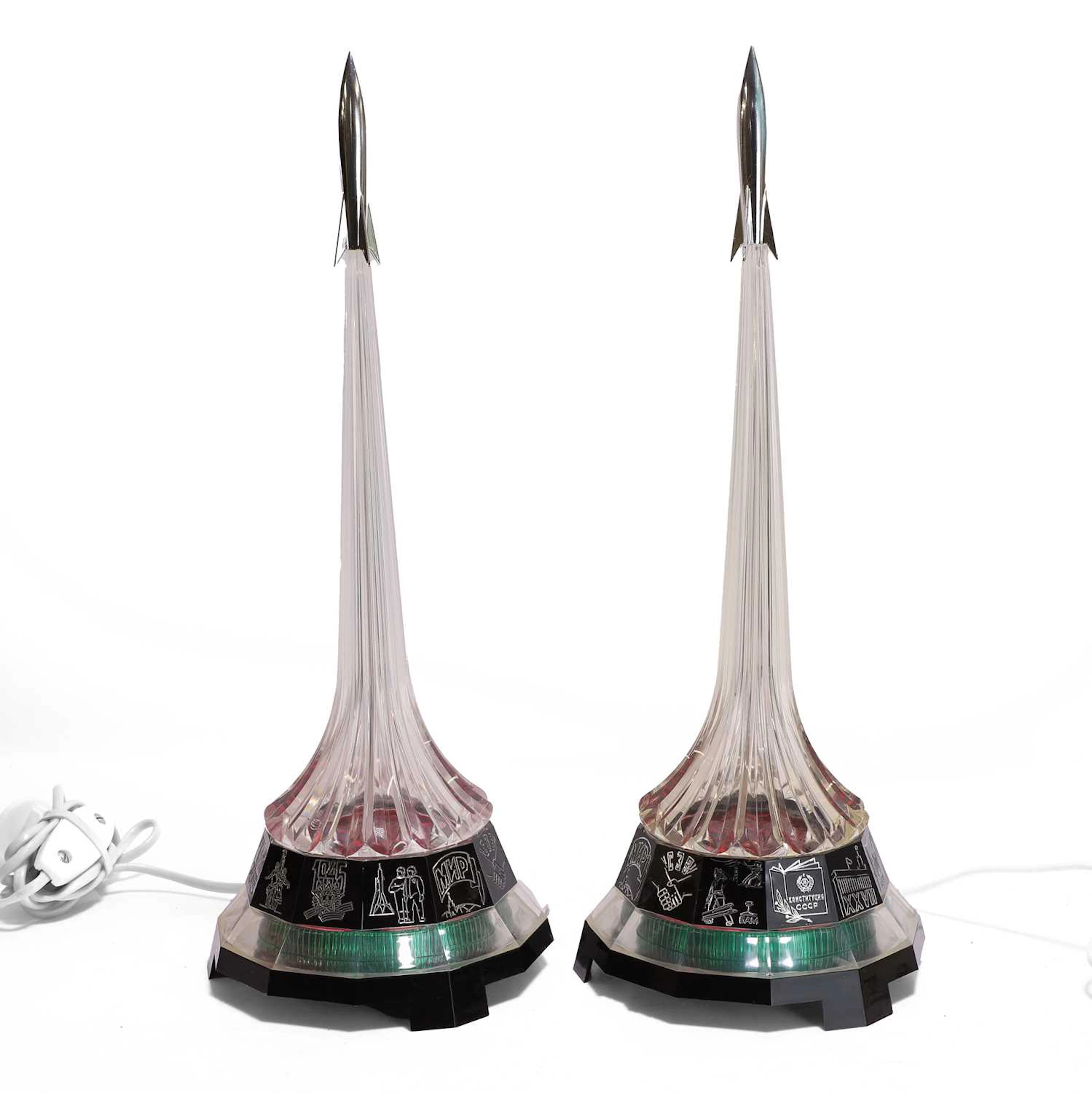 A pair of Soviet commemorative space rocket night lamps c.1970s, Russian