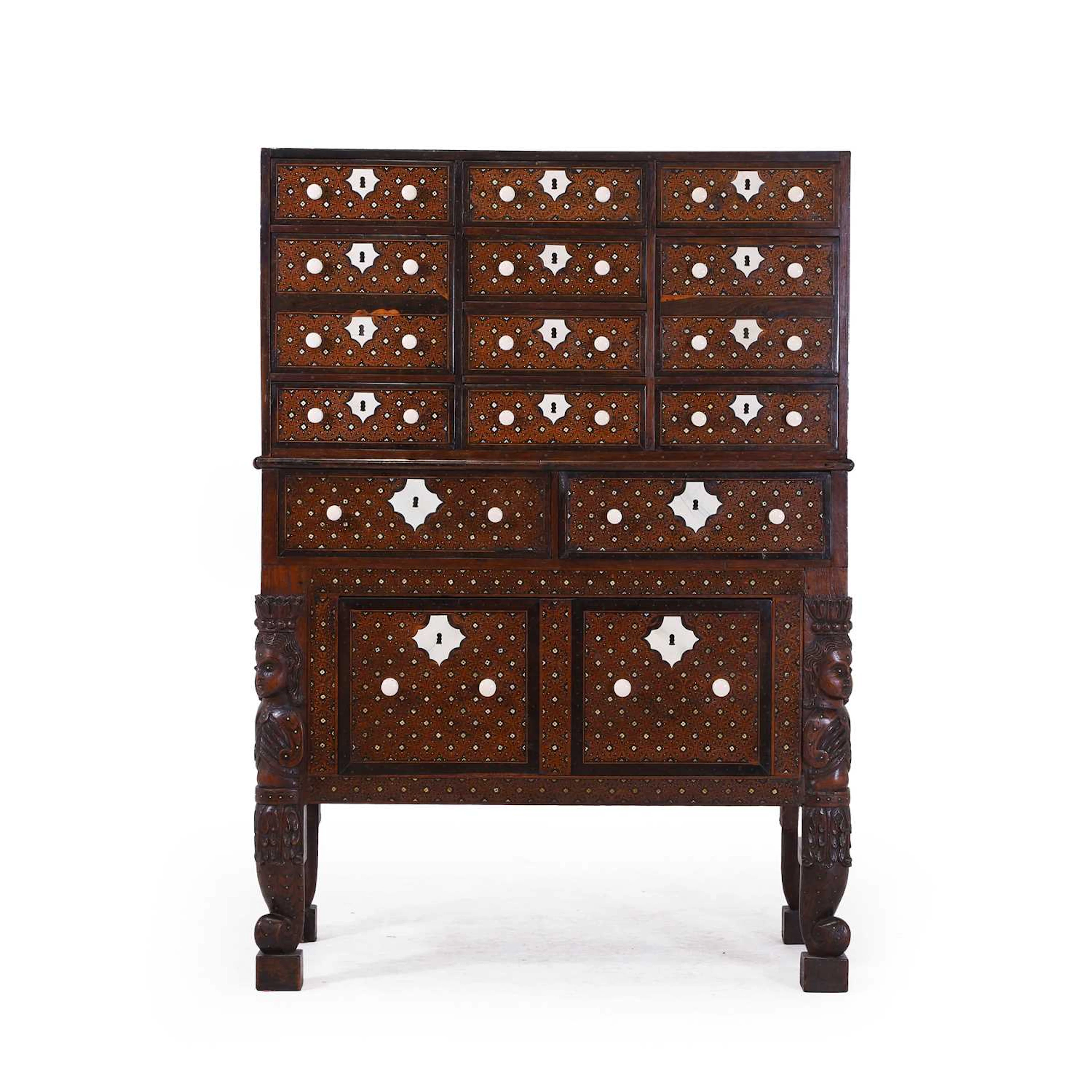 An Indo-Portuguese teak, rosewood, ebony and ivory 'Contador' cabinet