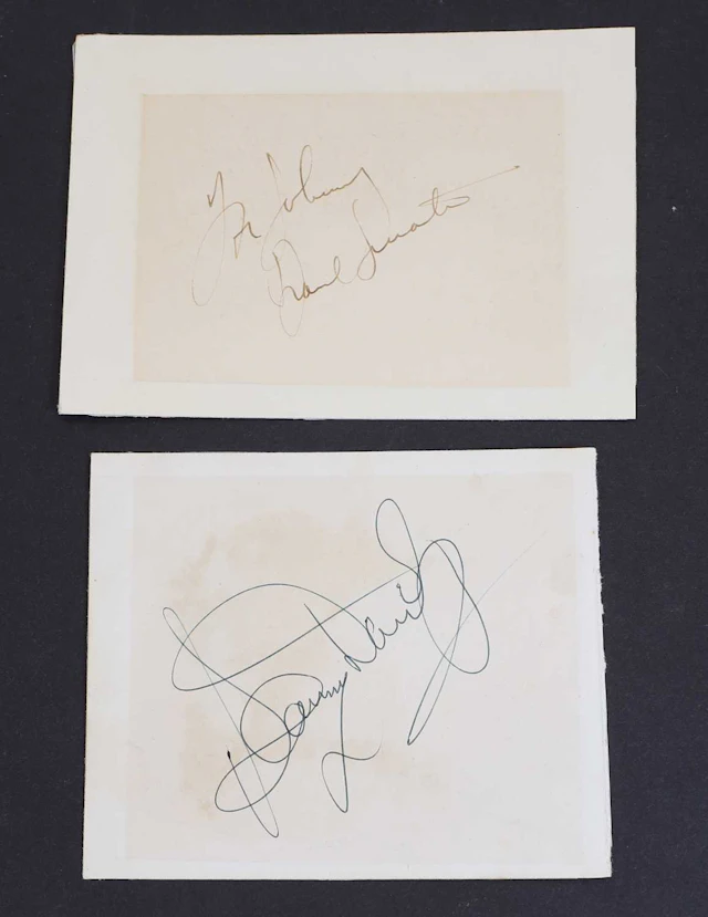Two autographs of Sammy Davis Jr. and Frank Sinatra