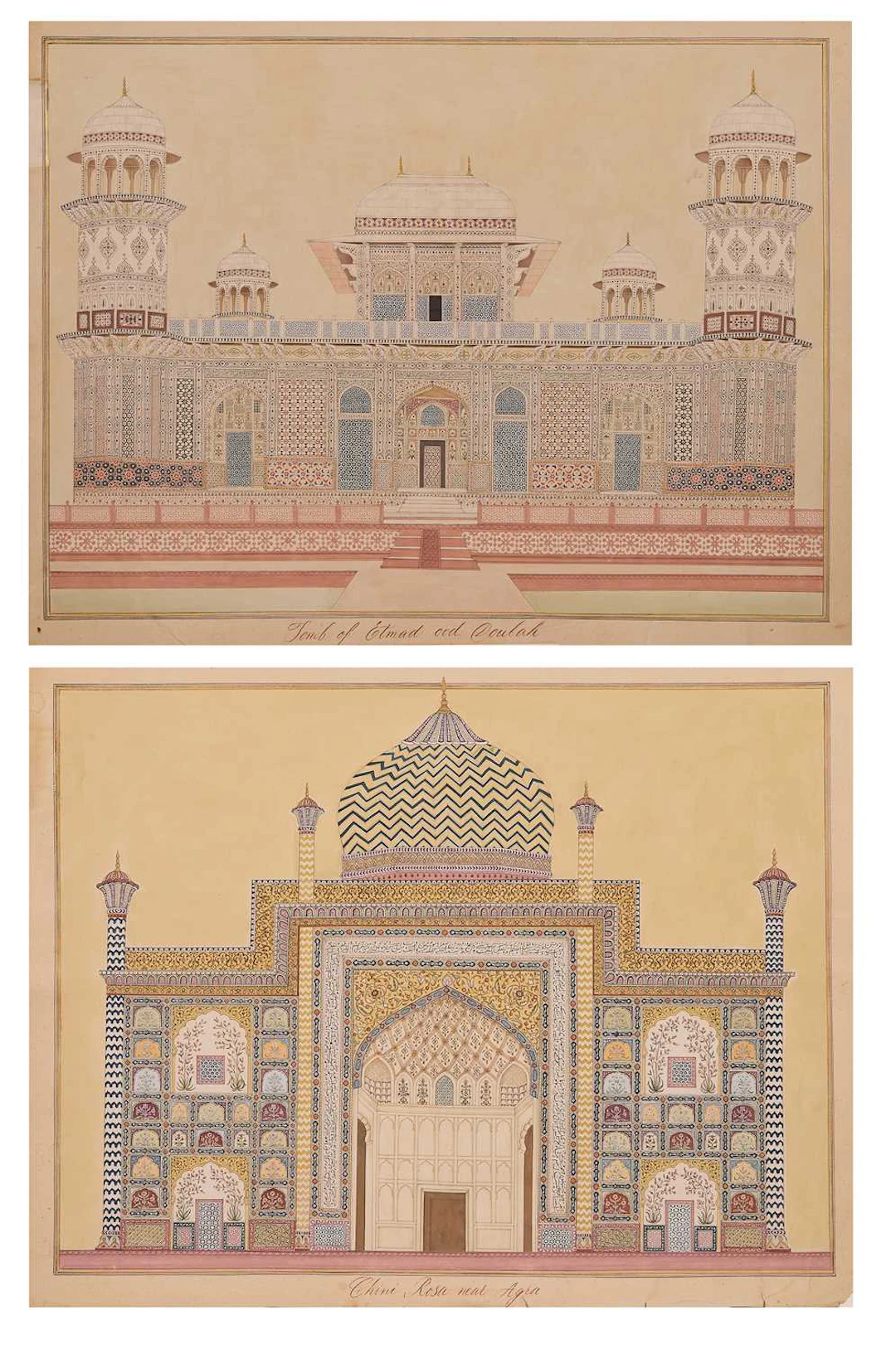 Two large architectural paintings of Indian monuments 19th century