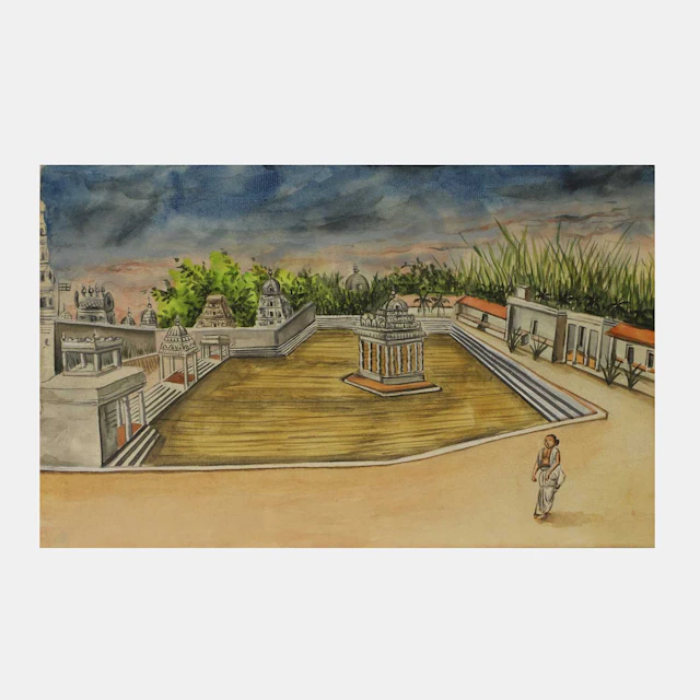 An illustrated series with traditional Indian temple architecture