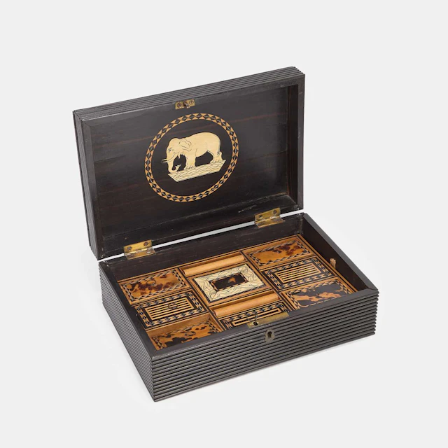 A Ceylonese (Sri Lankan) ebony and ivory-inlaid workbox late 19th/early