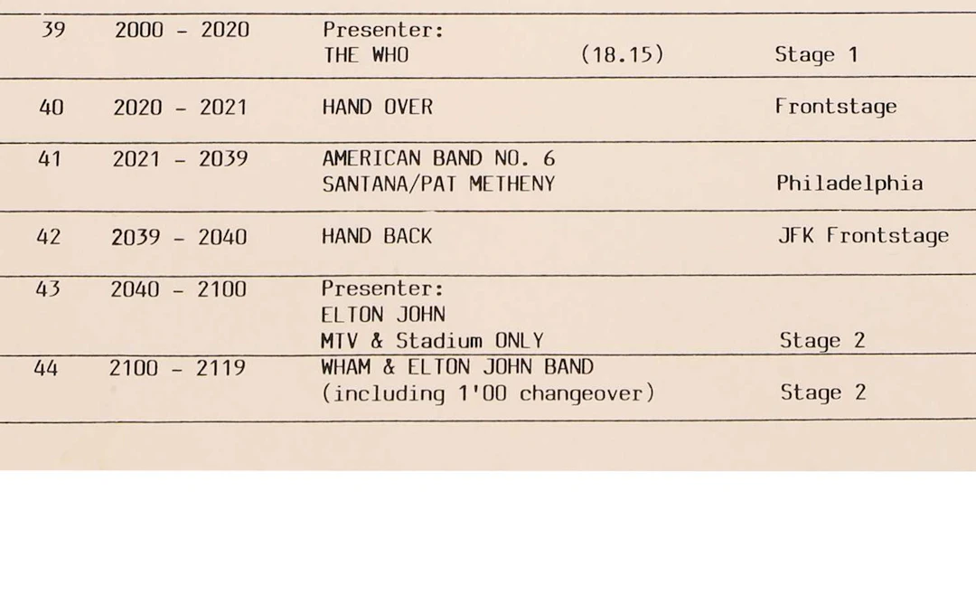 Live Aid, an artist’s running order four foolscap pages, typed and reproduced: