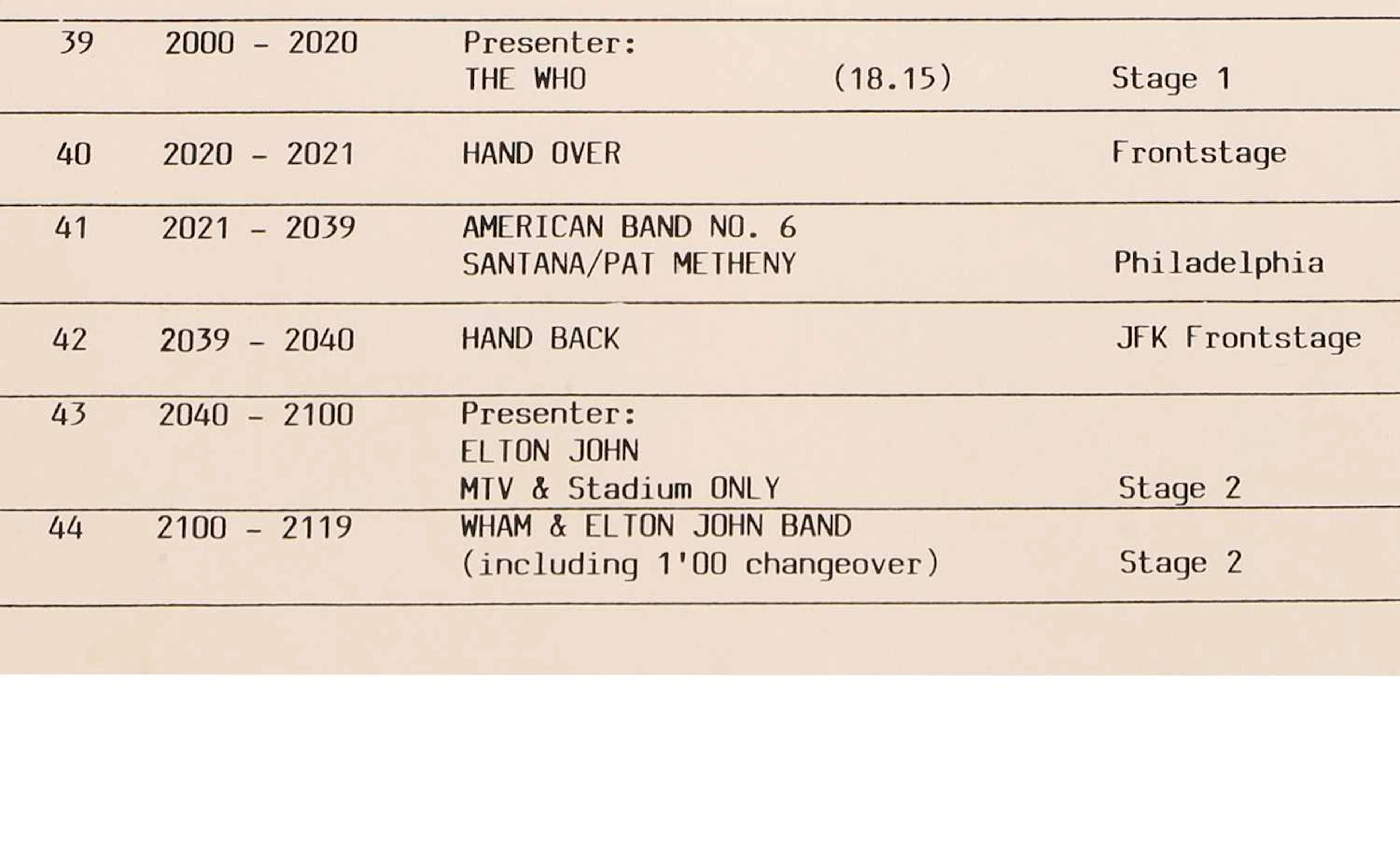 Live Aid, an artist’s running order four foolscap pages, typed and reproduced: