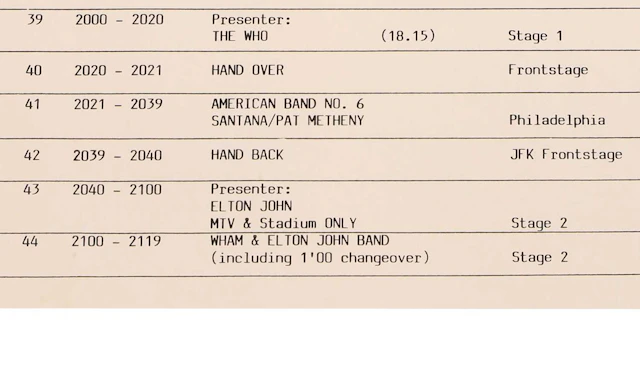 Live Aid, an artist’s running order four foolscap pages, typed and reproduced:
