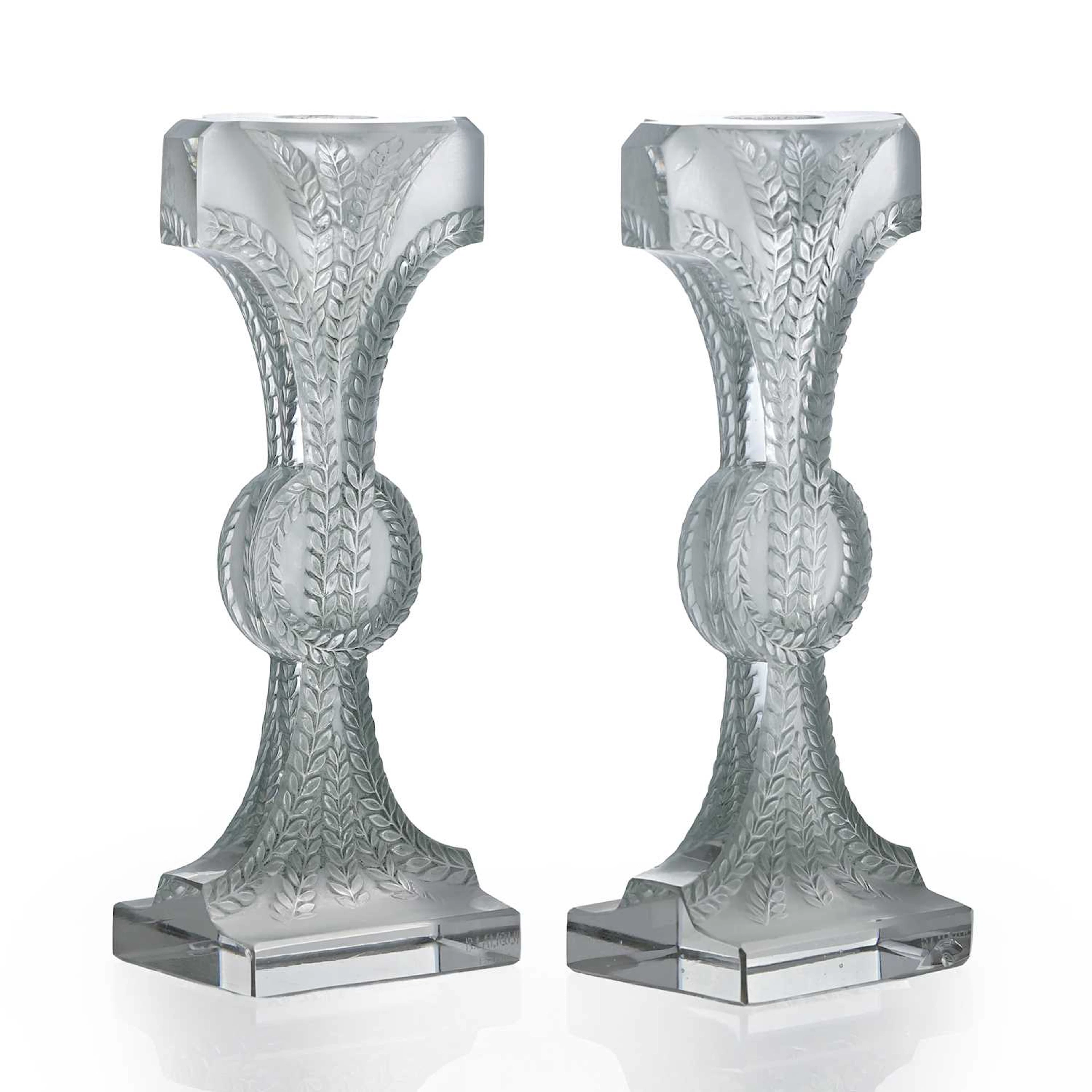 René Lalique (French, 1860-1945) a pair of 'Rameaux' candlesticks