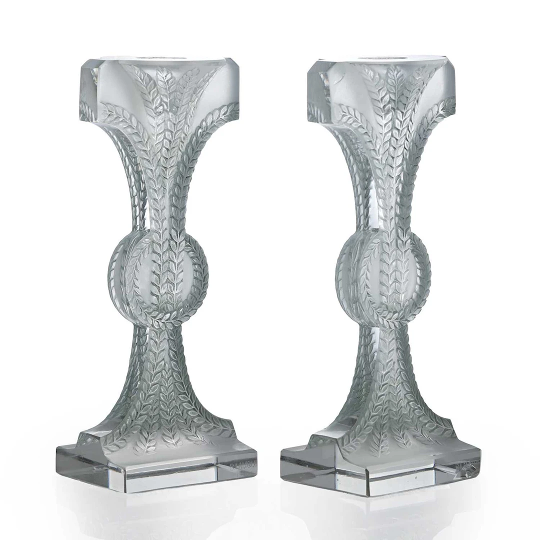 René Lalique (French, 1860-1945) a pair of 'Rameaux' candlesticks