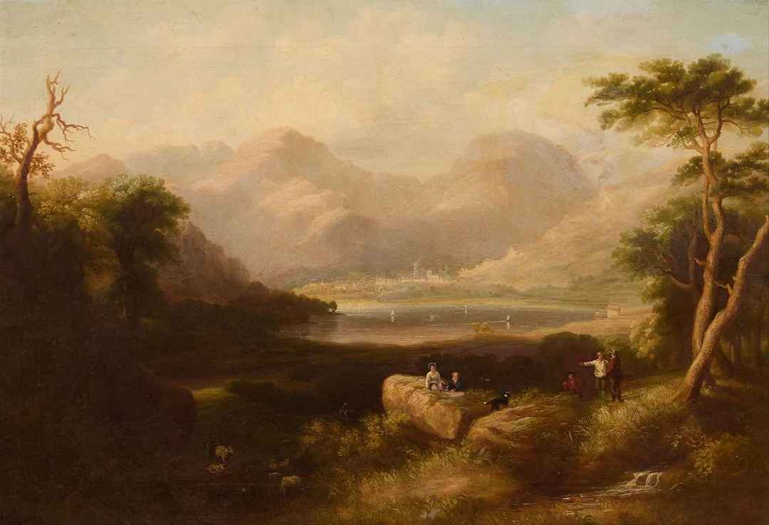 English School, 19th century Figures by a river with mountains and