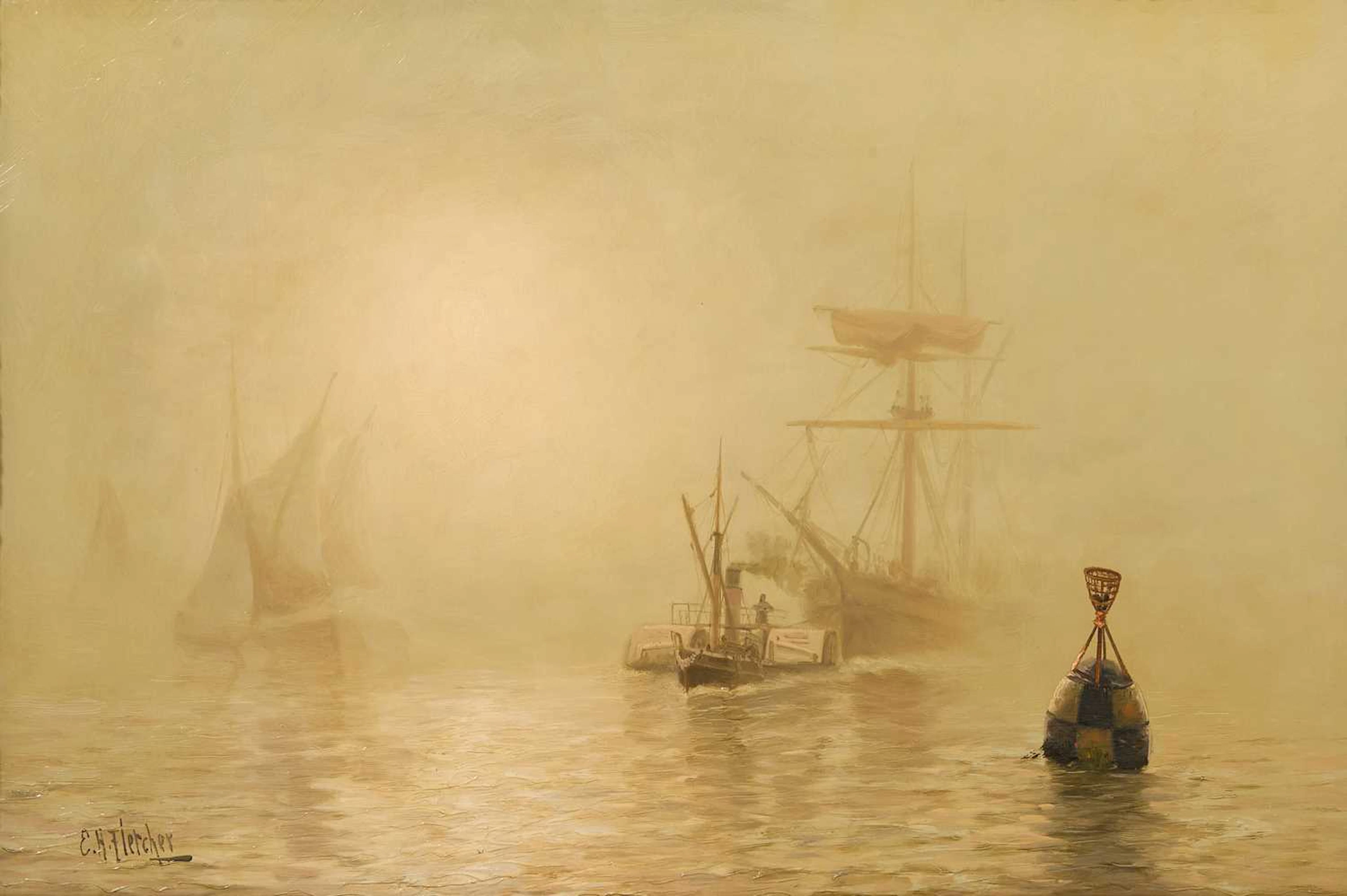 Edward Henry Eugene Fletcher (British, 1857-1945) A tugboat towing