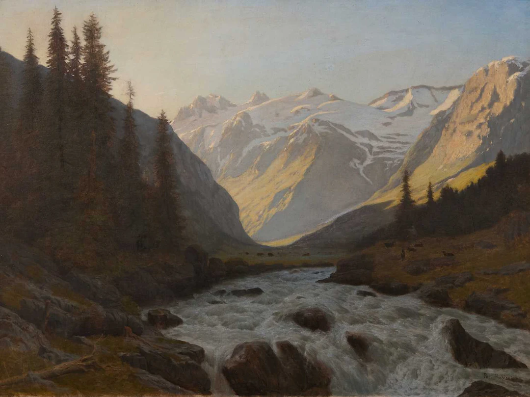 Paul Gustave Robinet (French, 1845-1932) An alpine landscape with a torrent