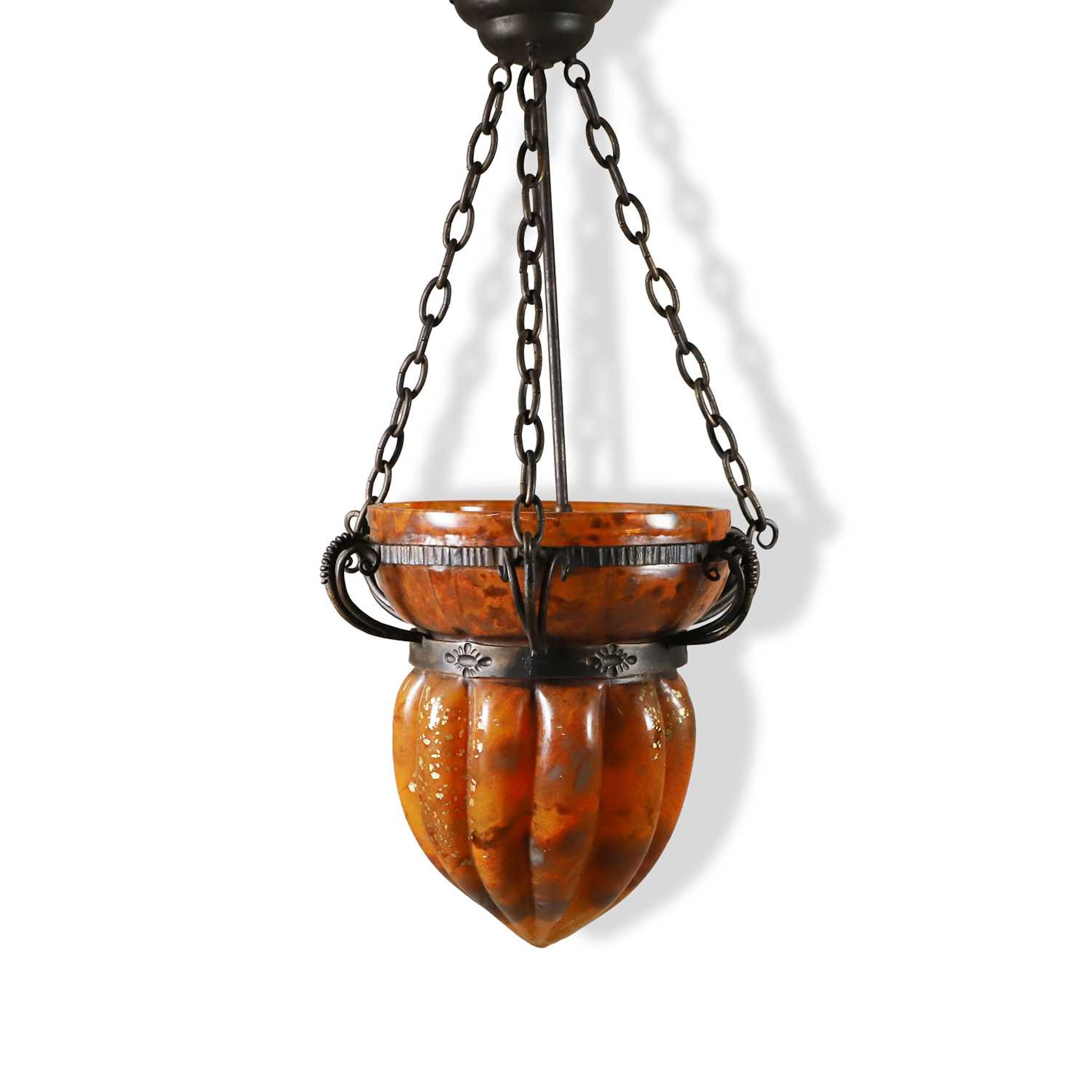 A Louis Majorelle wrought-iron and Daum glass ceiling light circa 1920, French