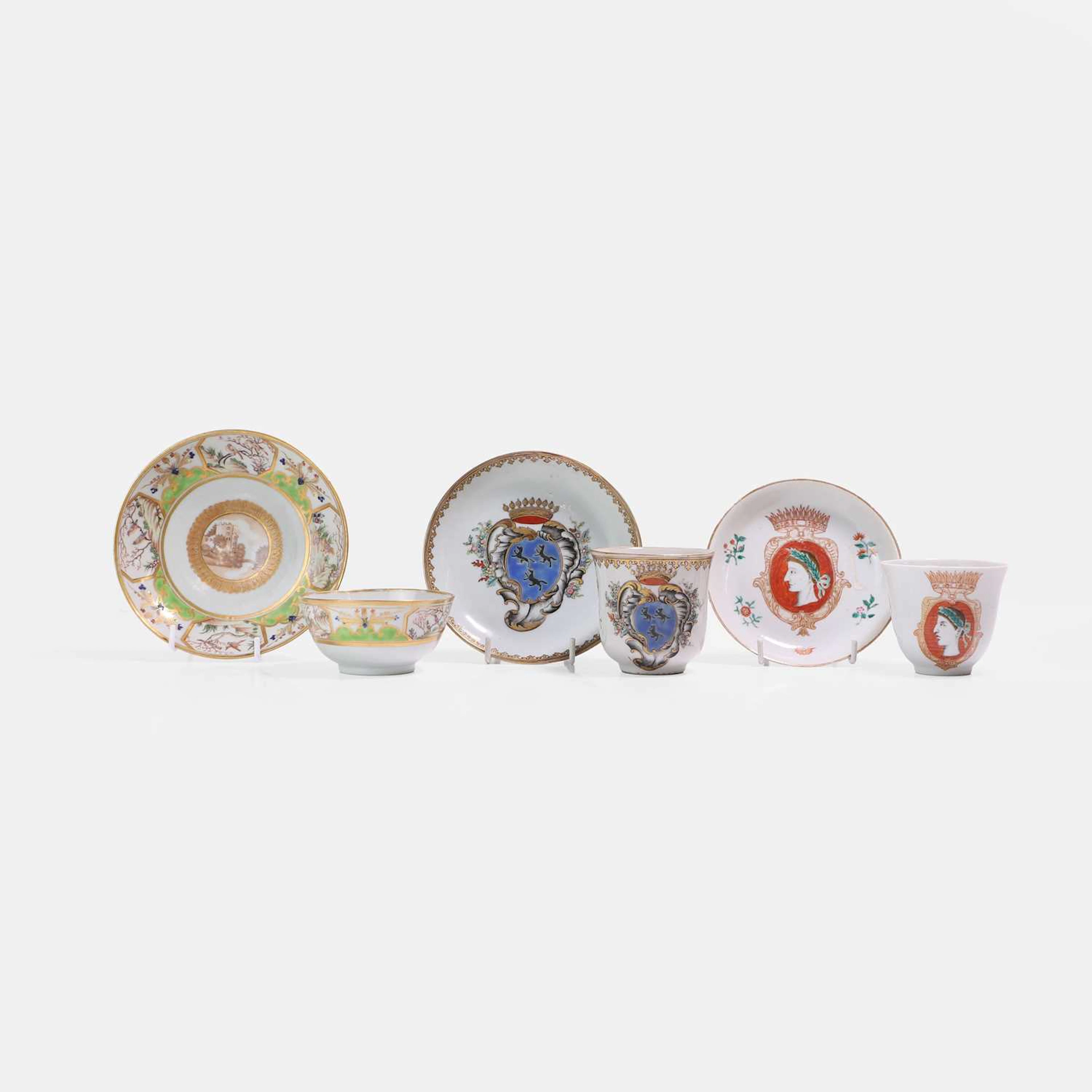 A collection of Chinese export famille rose teacups and saucers 18th century