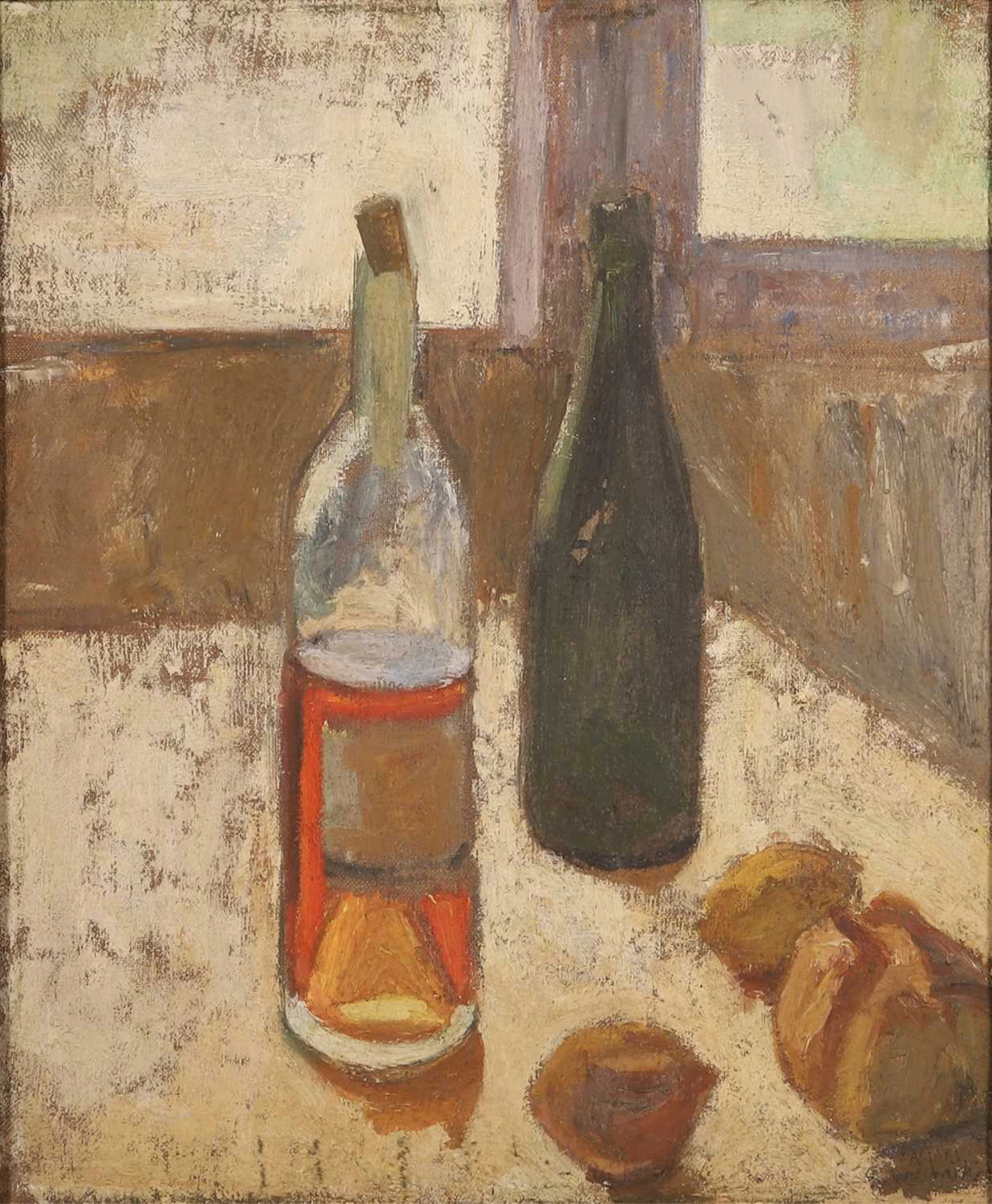 20th Century School Still life of bottles and fruit