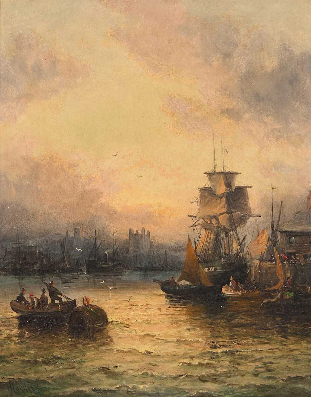 William Thornley (fl.1858-1898) A harbour scene at dusk