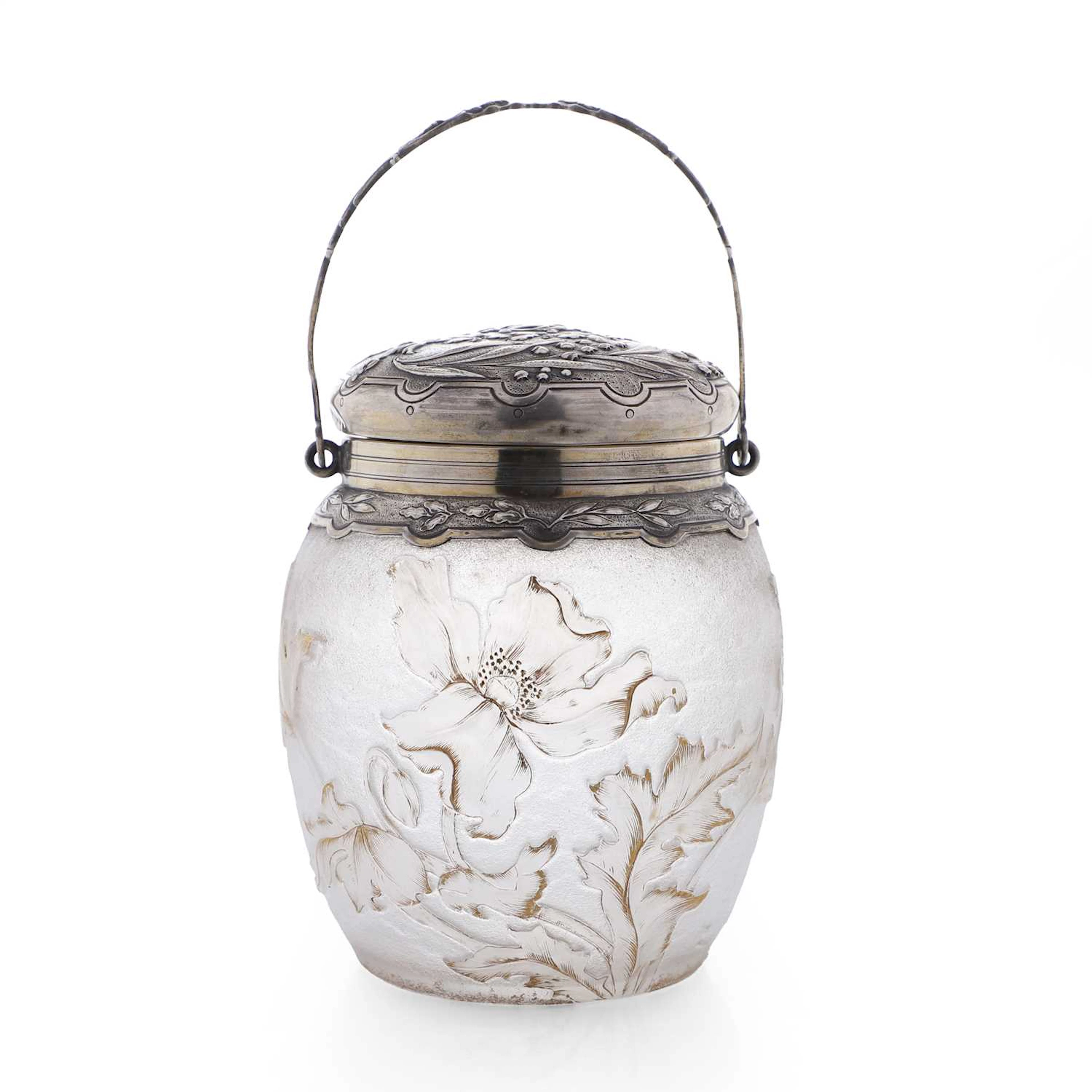 A Daum silver-mounted glass biscuit barrel circa 1900, French