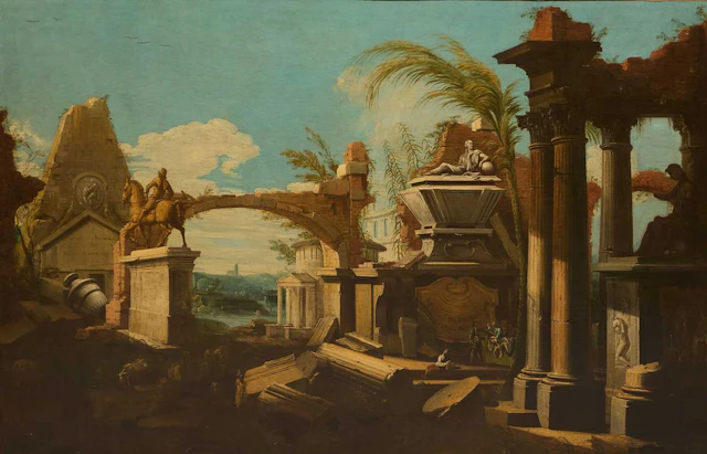Follower of Marco Ricci A capriccio of classical ruins with figures