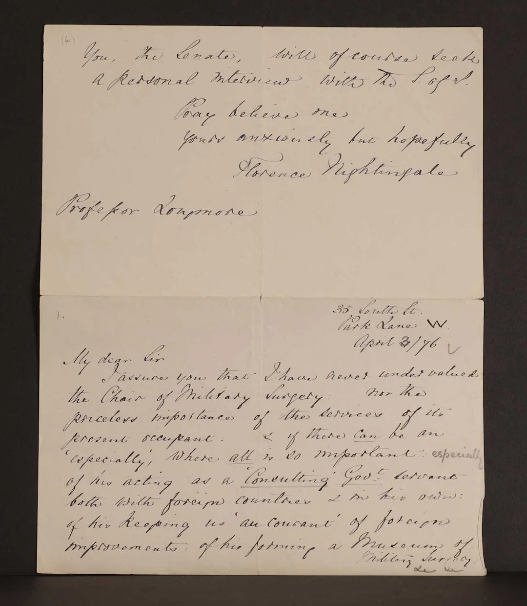Florence NIGHTINGALE- Autograph Letter SIGNED (To Sir Thomas Longmore). 4 pages