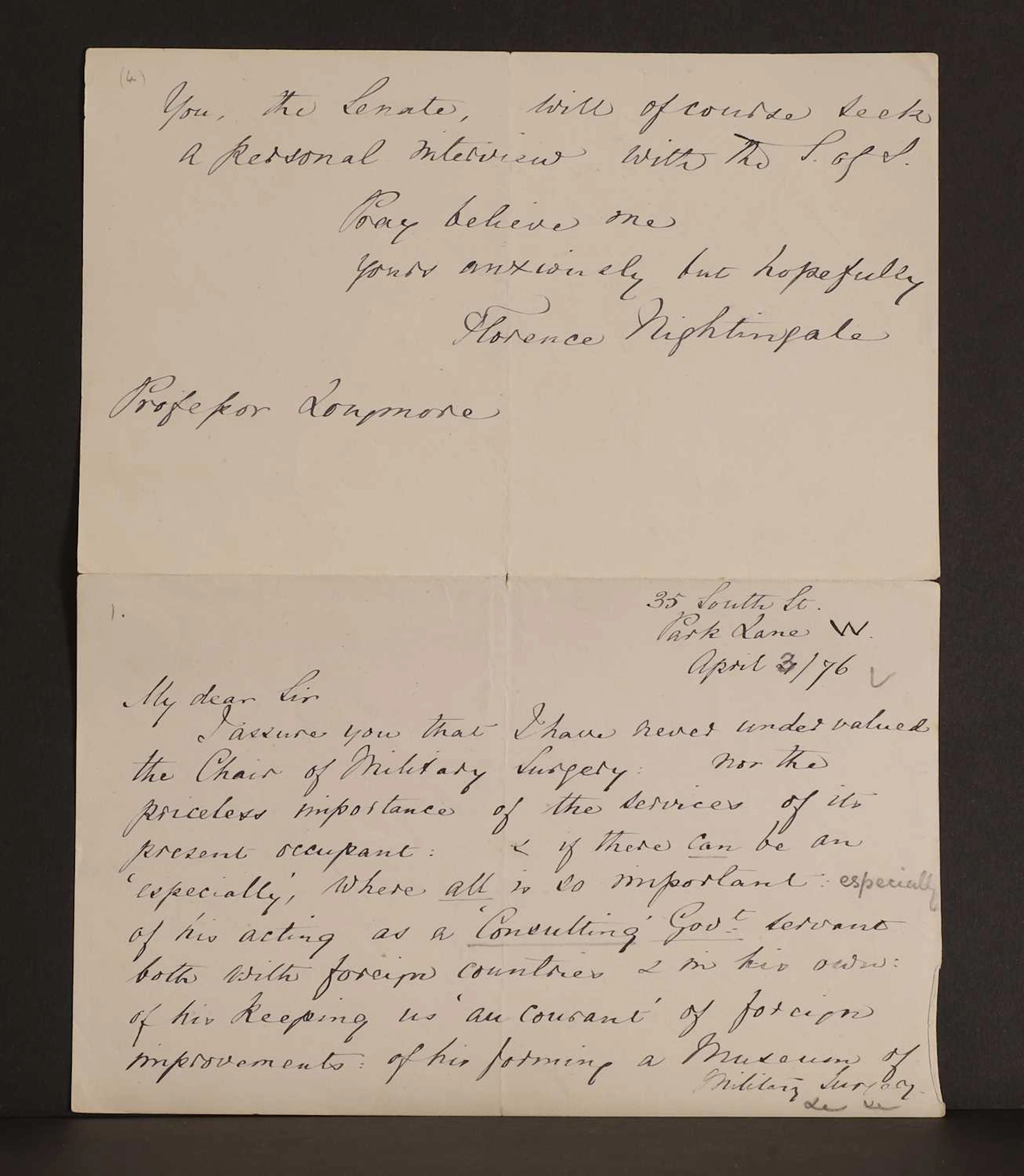 Florence NIGHTINGALE- Autograph Letter SIGNED (To Sir Thomas Longmore). 4 pages