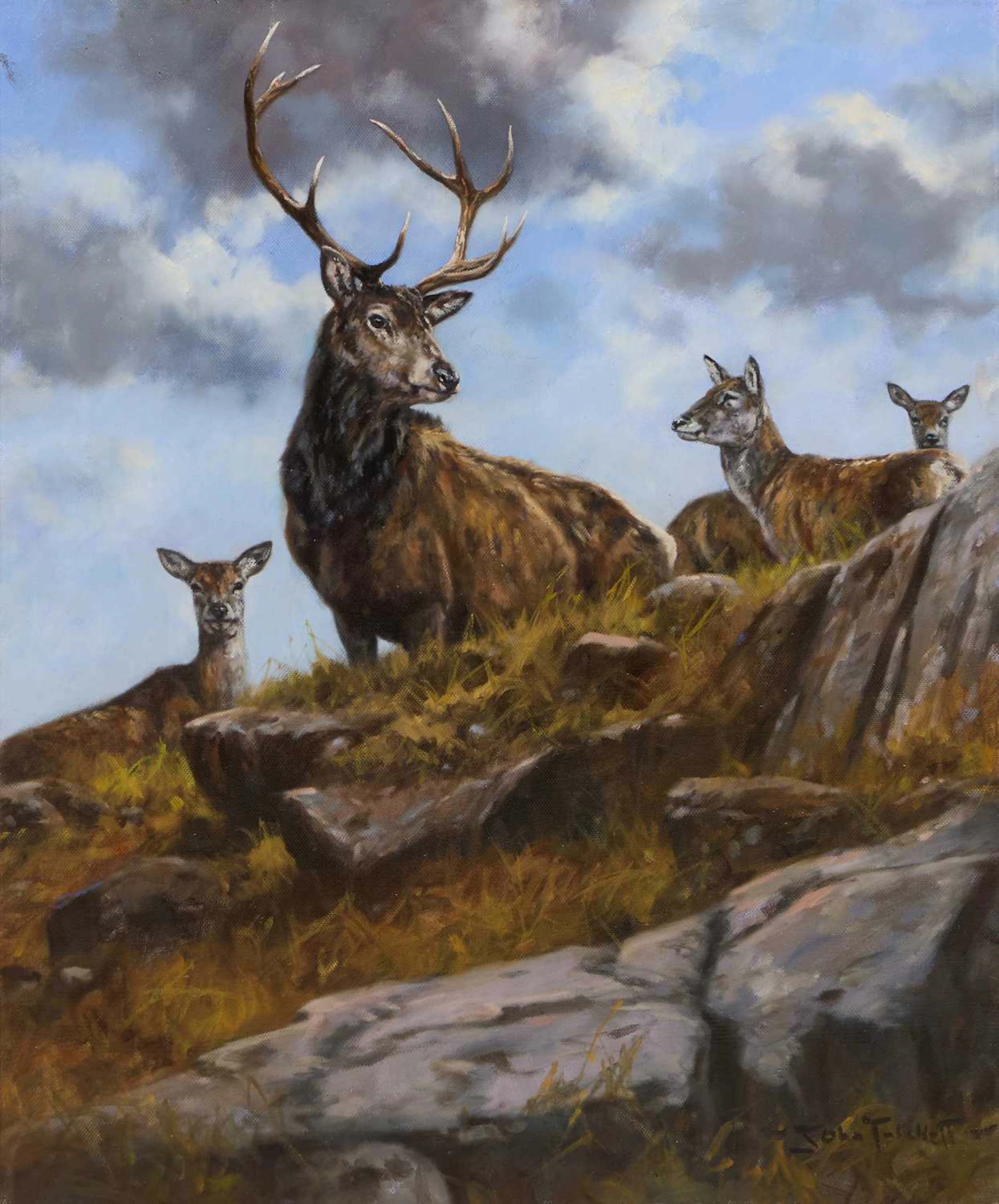 ▲ John Trickett (British, b.1952) Stag and hinds on a hill