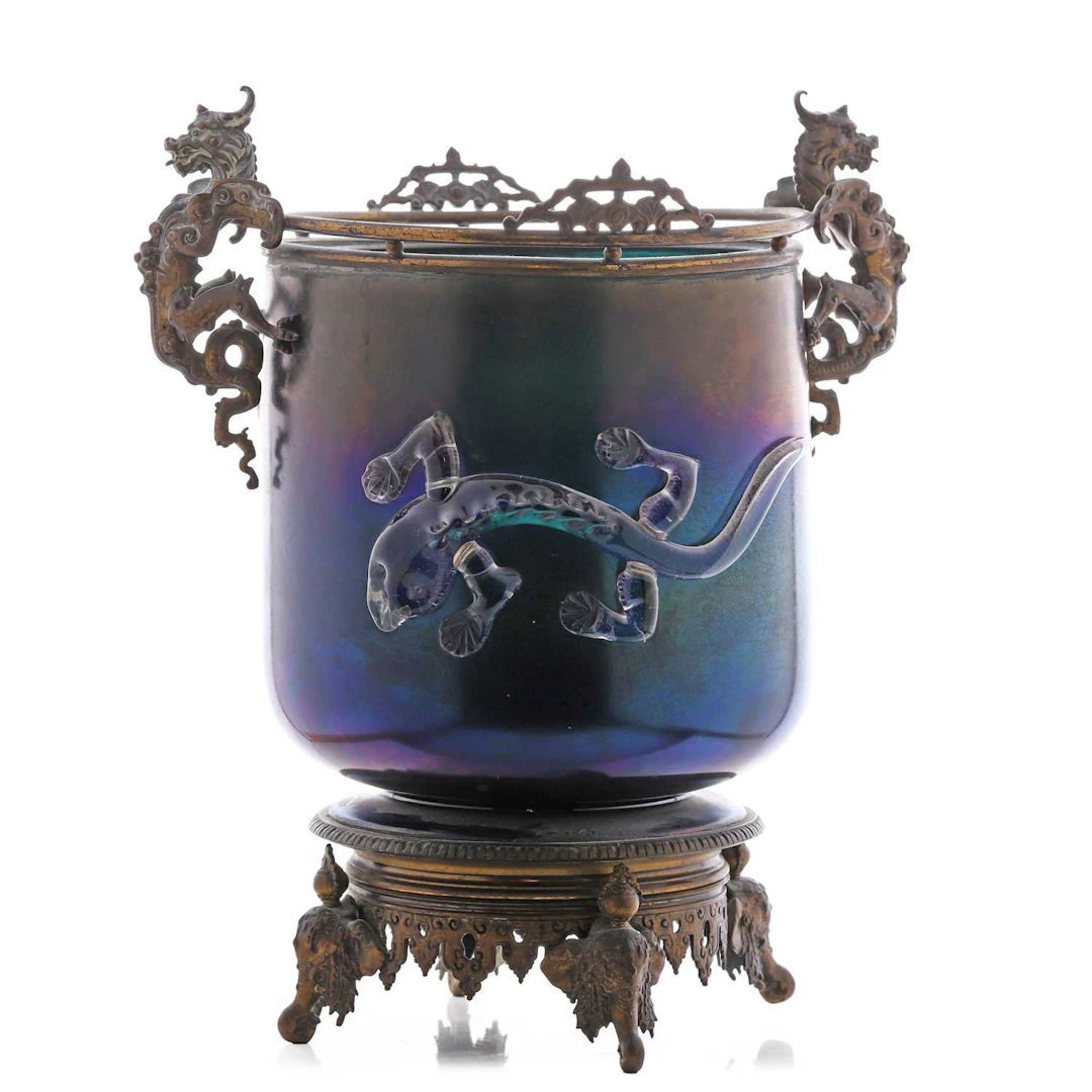 An ormolu-mounted iridescent 'Bronze Ware' glass jardinière late 19th century