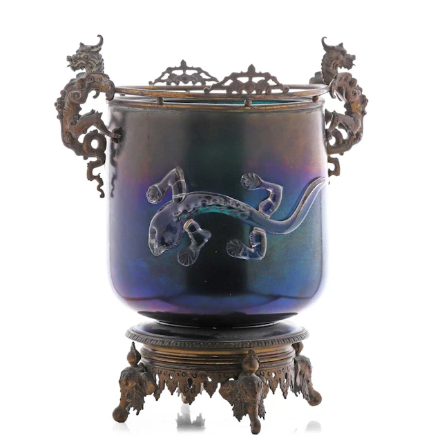 An ormolu-mounted iridescent 'Bronze Ware' glass jardinière late 19th century
