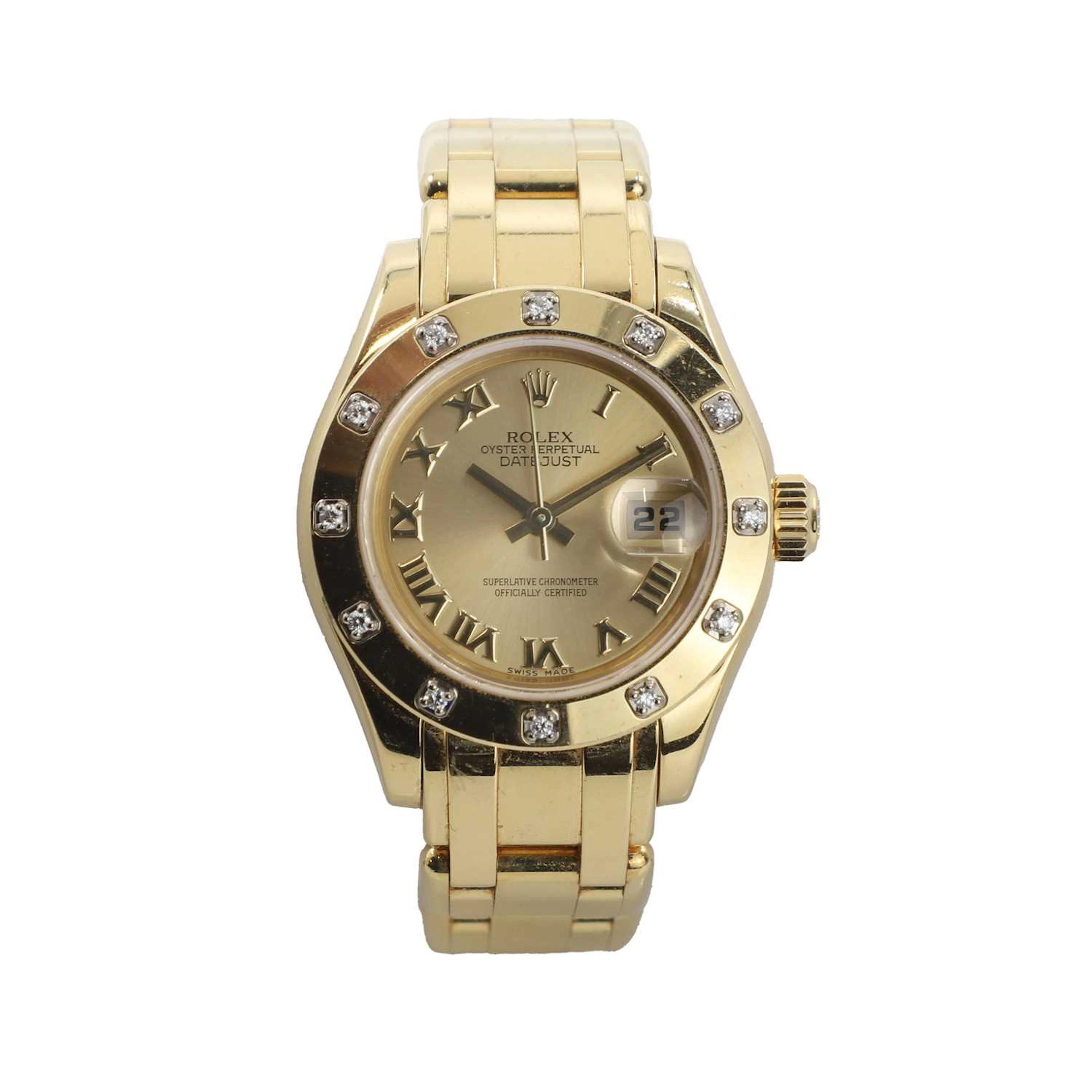 A ladies' 18ct gold Rolex Datejust Pearlmaster automatic bracelet watch