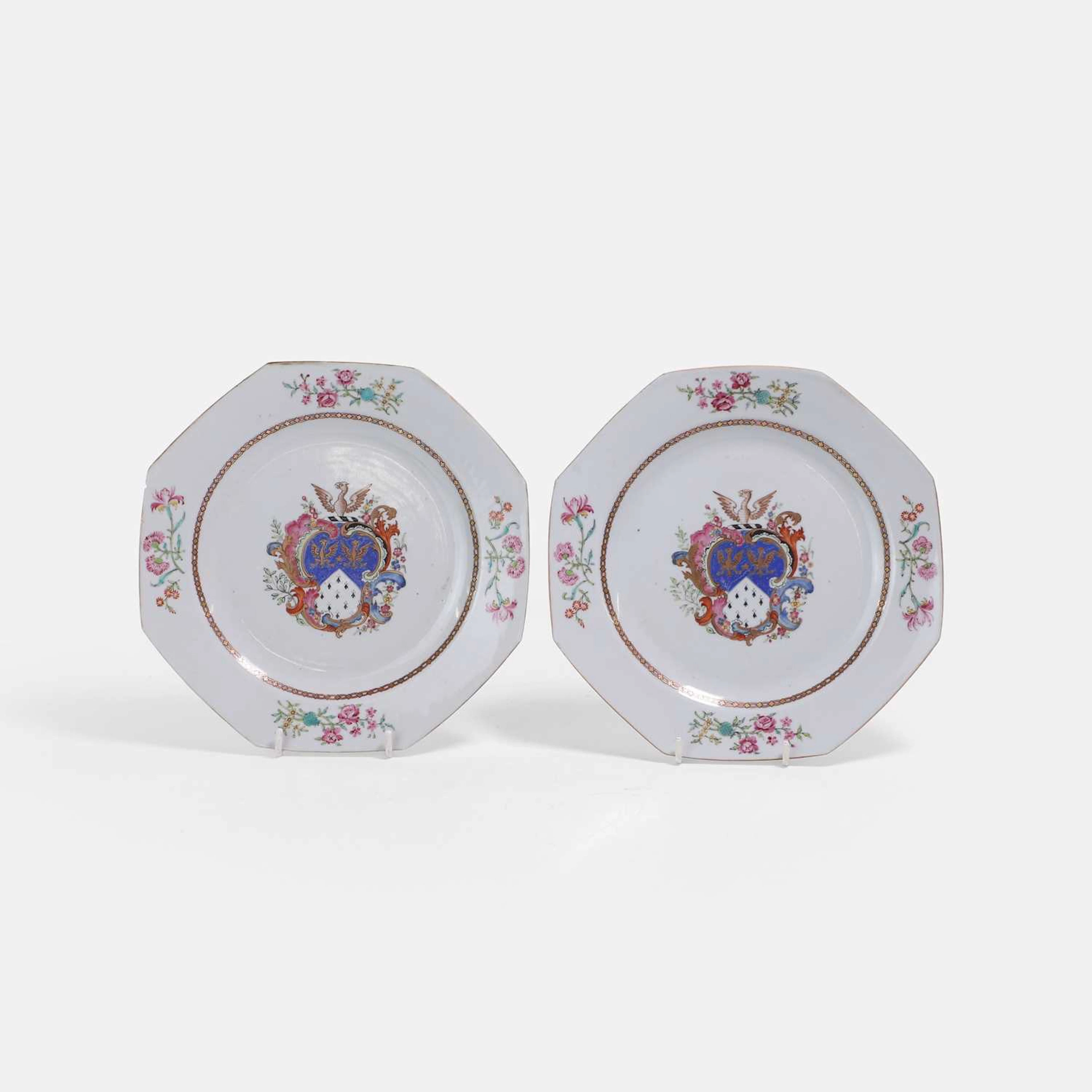 A pair of Chinese export famille rose armorial plates 18th century