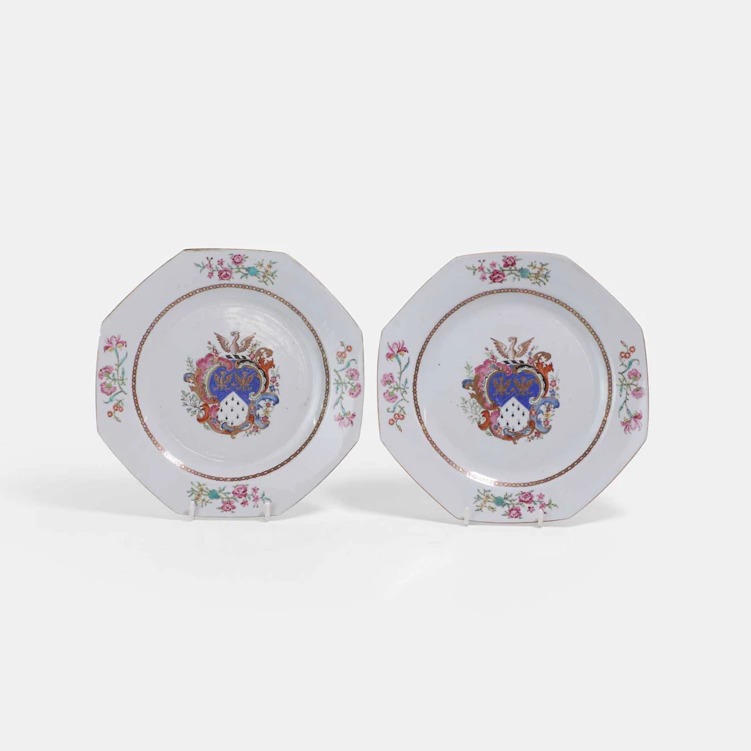 A pair of Chinese export famille rose armorial plates 18th century