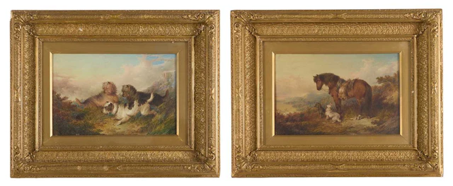 Paul Jones (fl.1855-1888) Terriers rabbiting; Terriers with a horse and rabbits