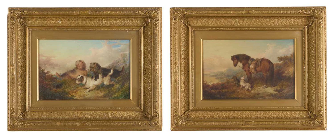 Paul Jones (fl.1855-1888) Terriers rabbiting; Terriers with a horse and rabbits
