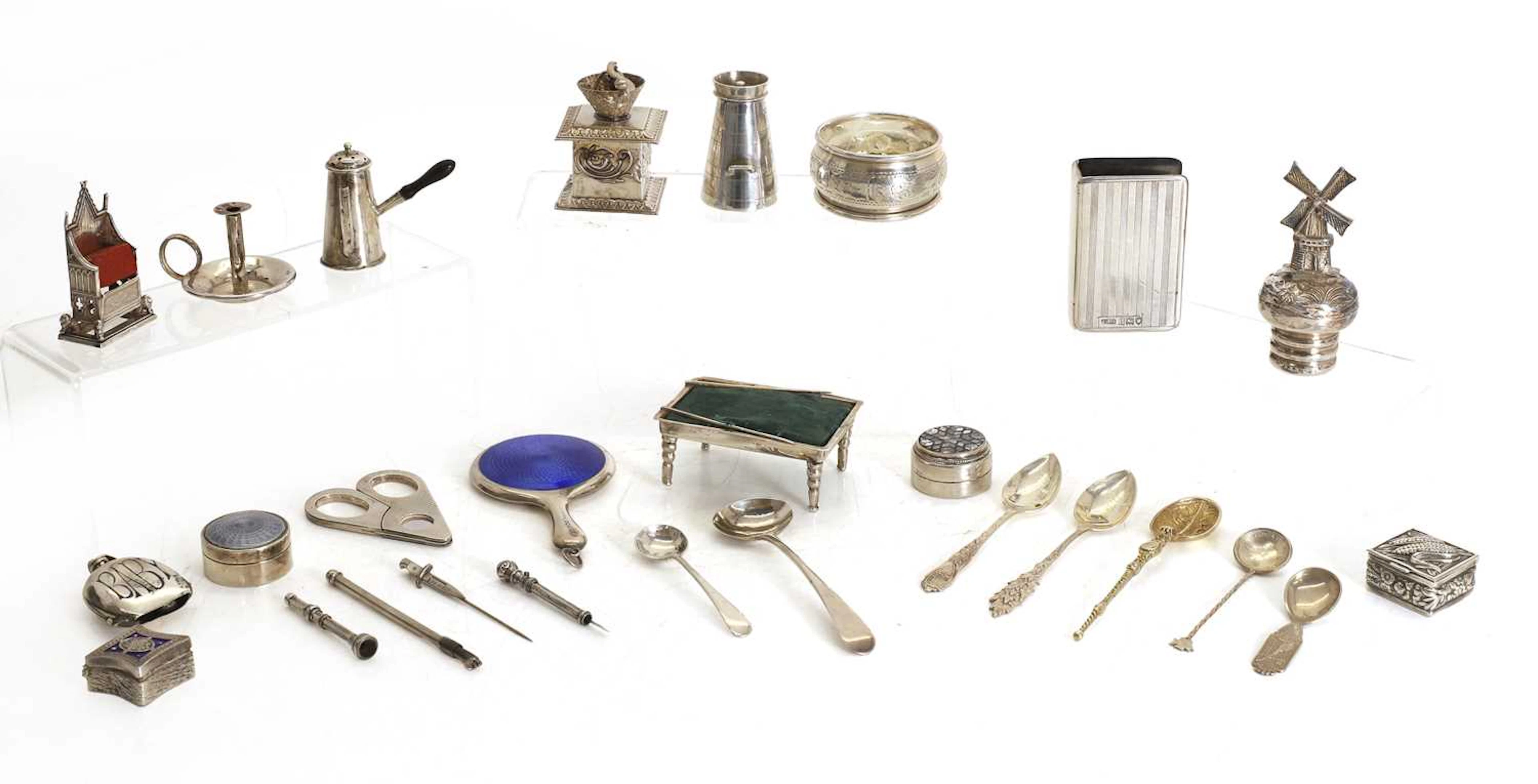 A collection of miniature silver novelty items various dates