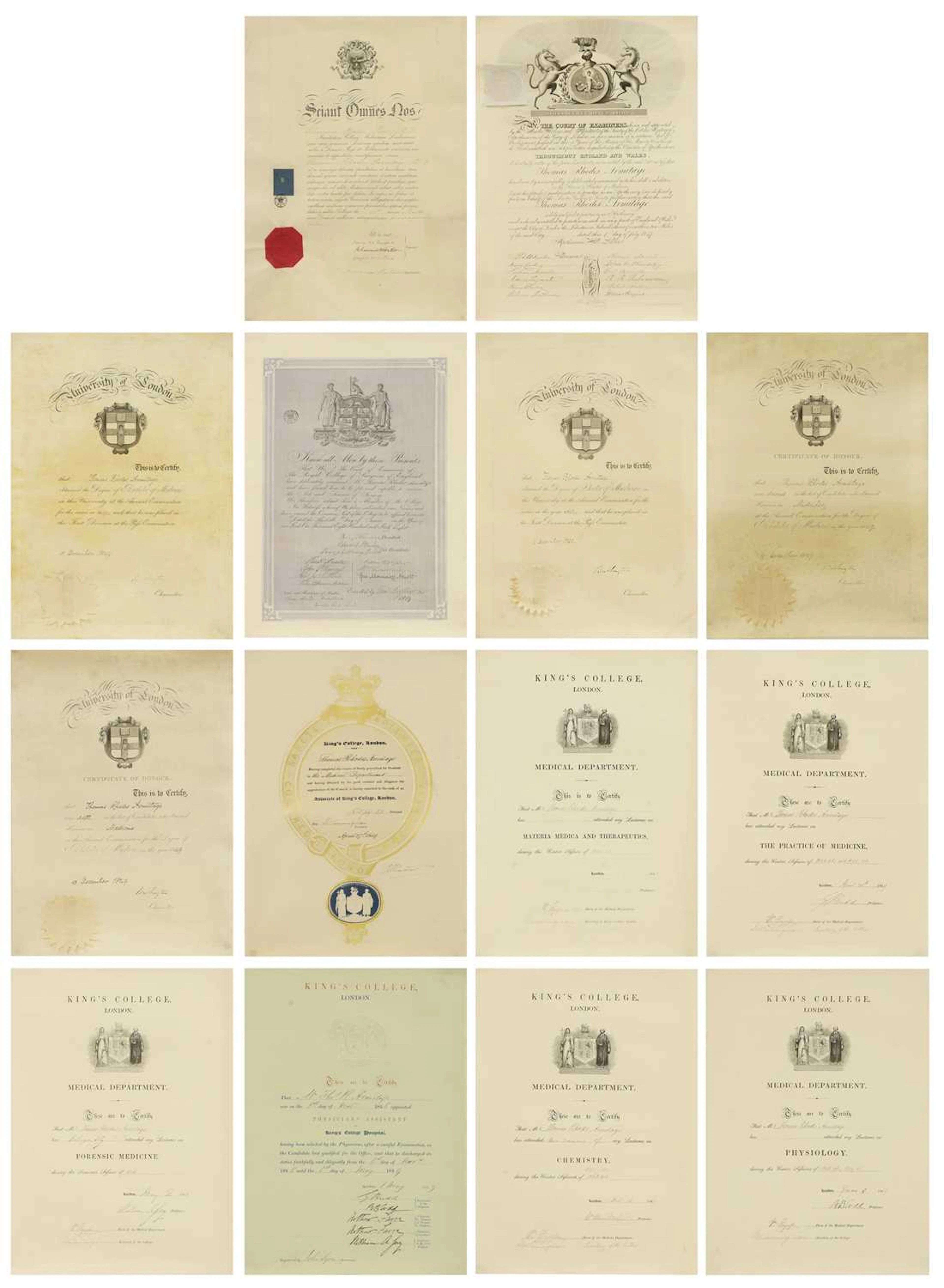 An archive of certificates and documents relating to Thomas Rhodes Armitage