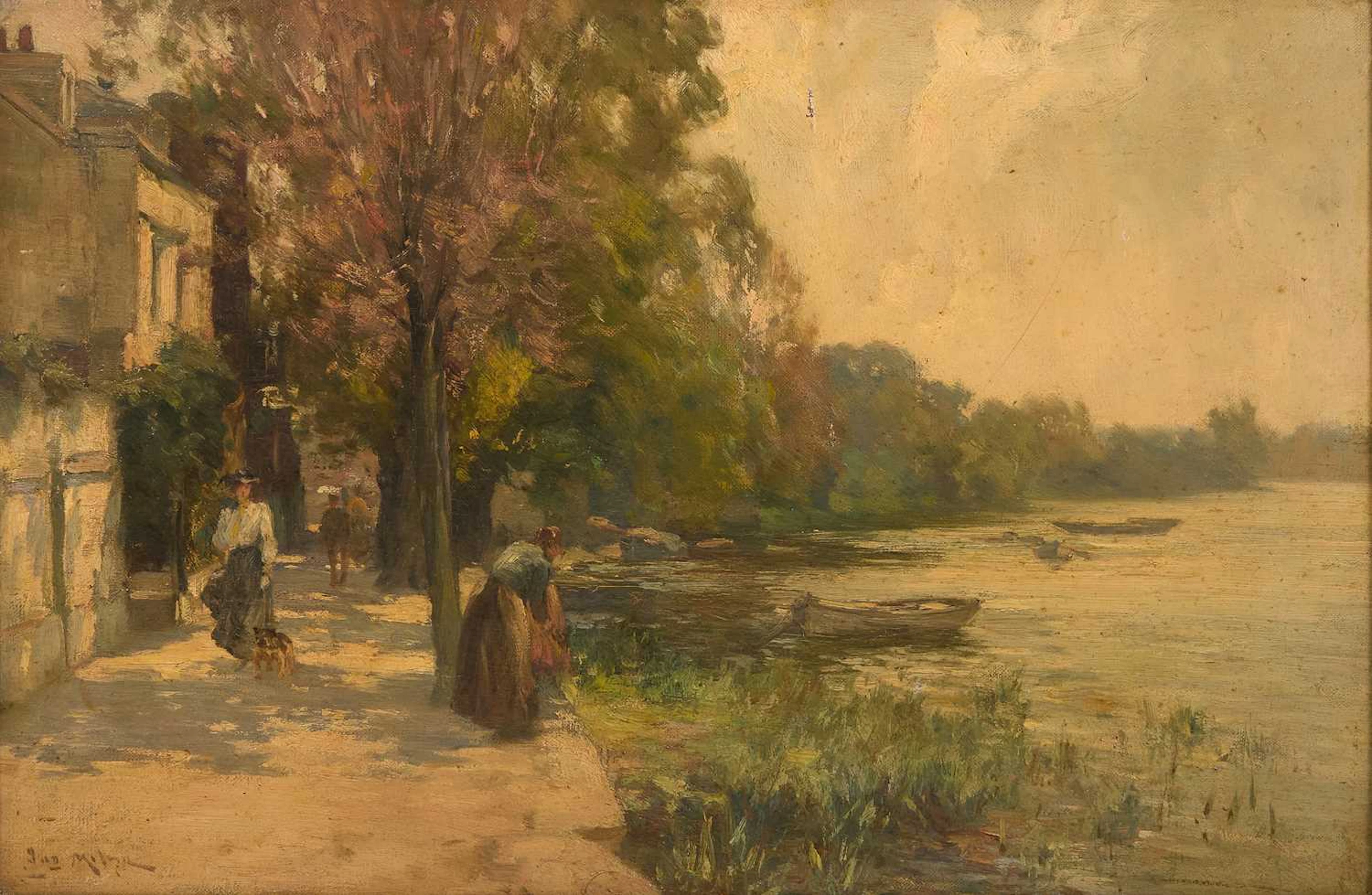 Joseph Milne (British, 1859-1911) A stroll by the river