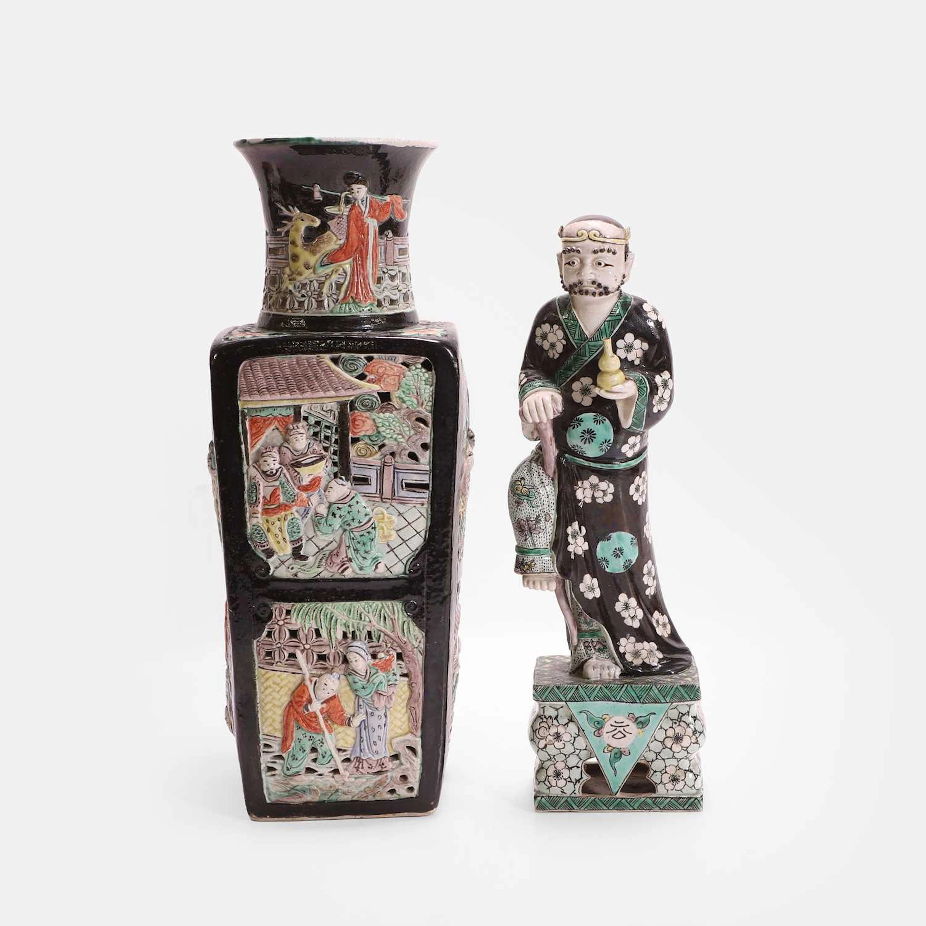 Two Chinese famille noire and biscuit porcelain pieces