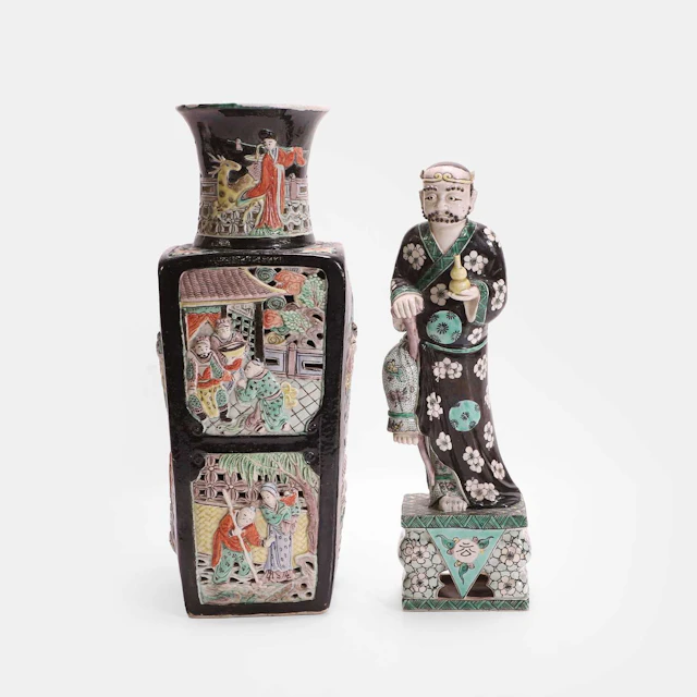Two Chinese famille noire and biscuit porcelain pieces