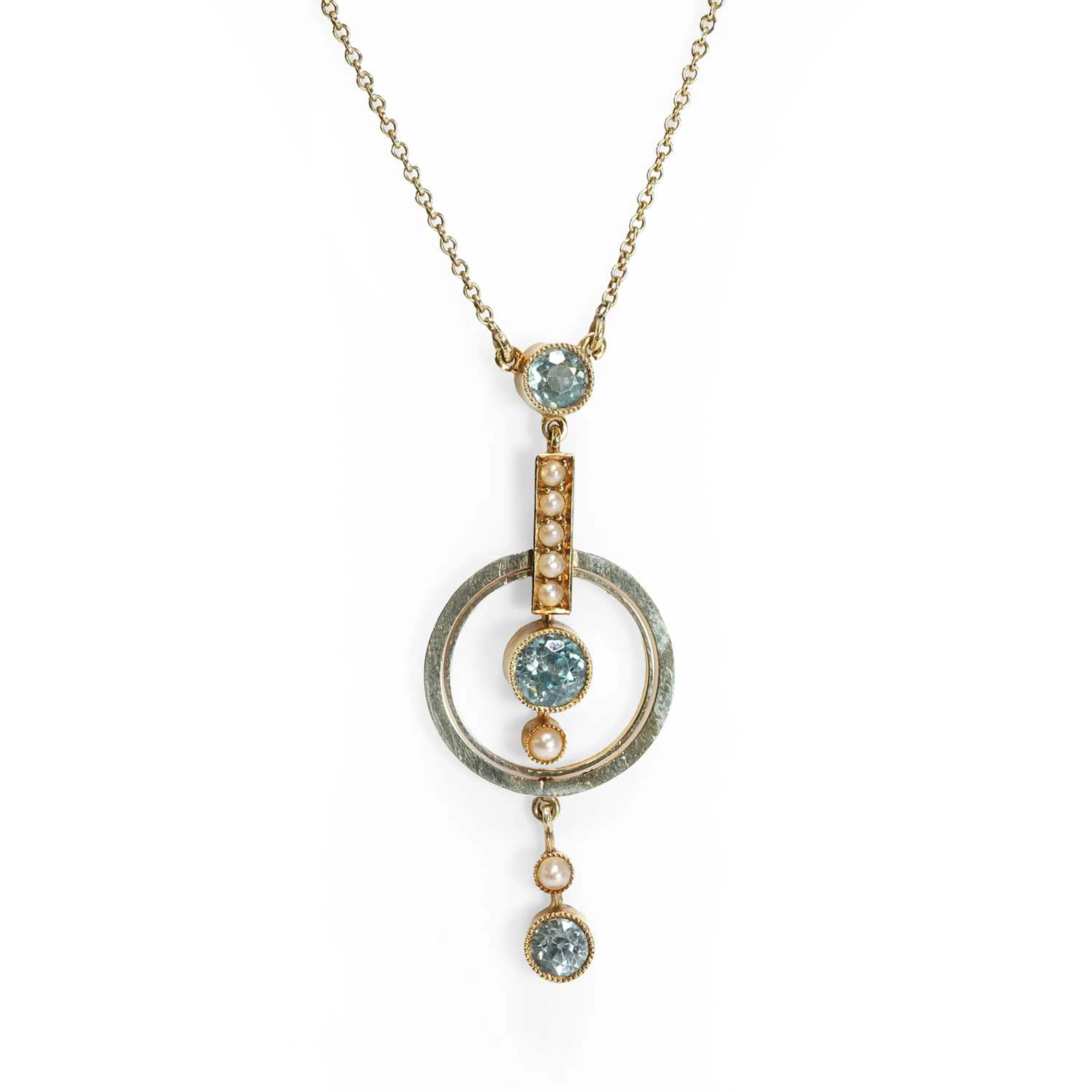 An Edwardian blue zircon and split pearl pendant necklace