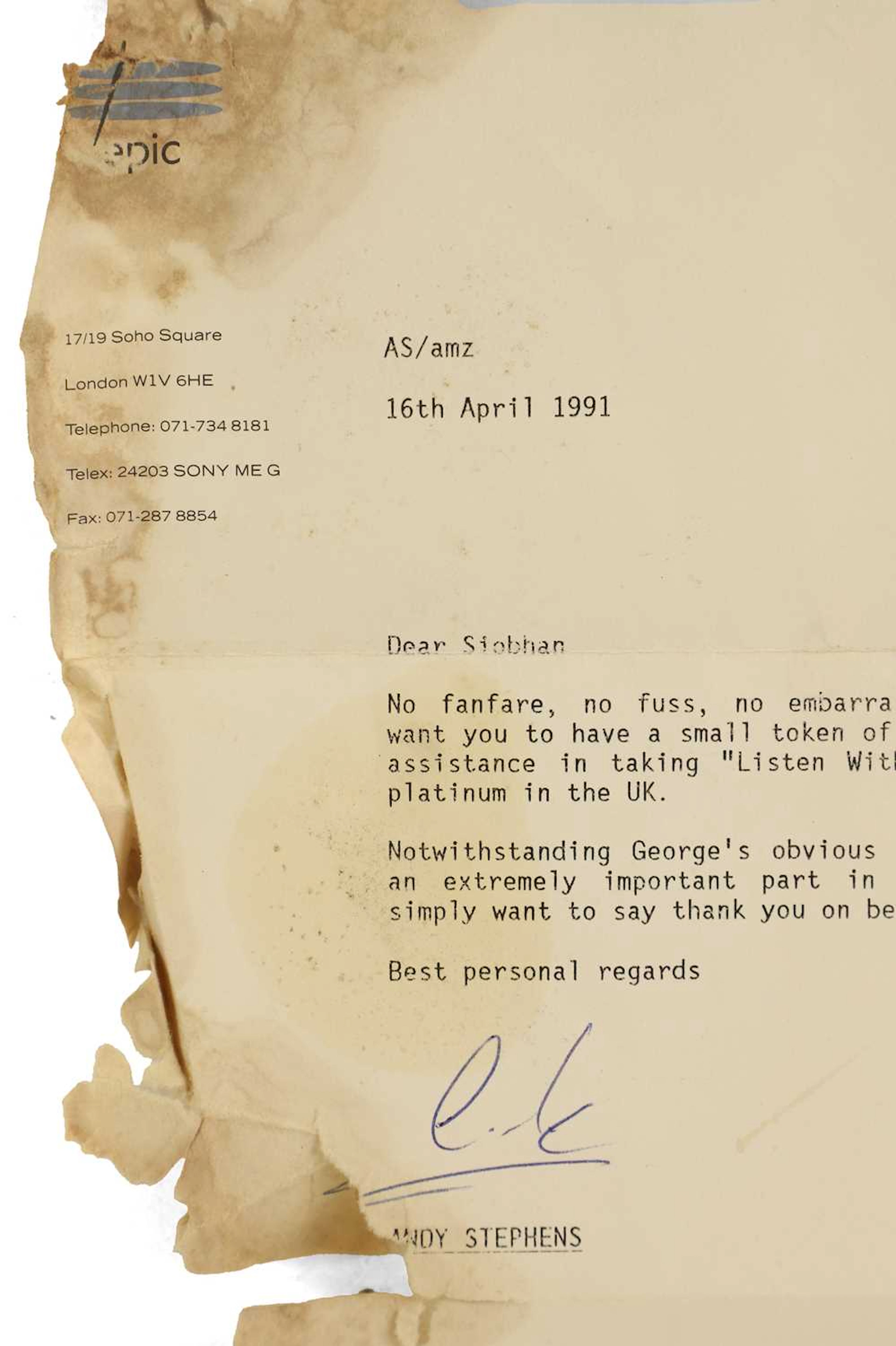 A letter of appreciation dated '16th April 1991'
