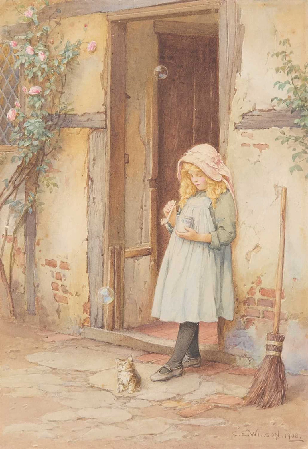 Charles Edward Wilson (British, 1854-1941) A young girl blowing bubbles