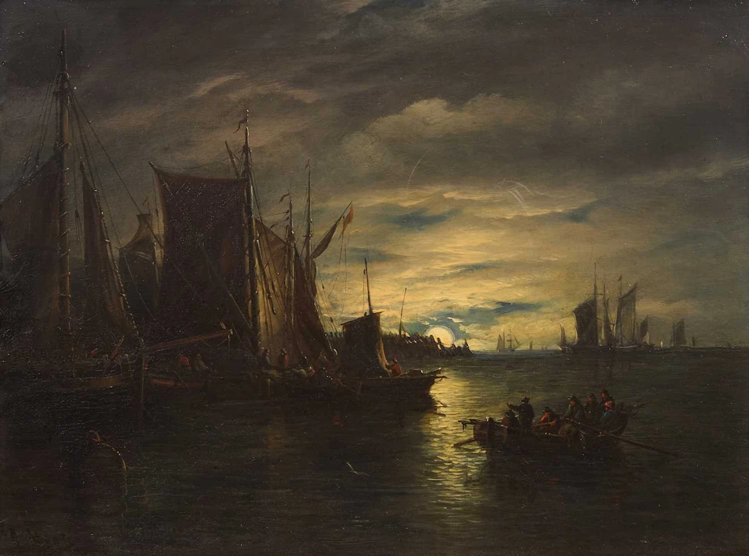 John Moore of Ipswich (British, 1820-1902) Shipping in a harbour by moonlight