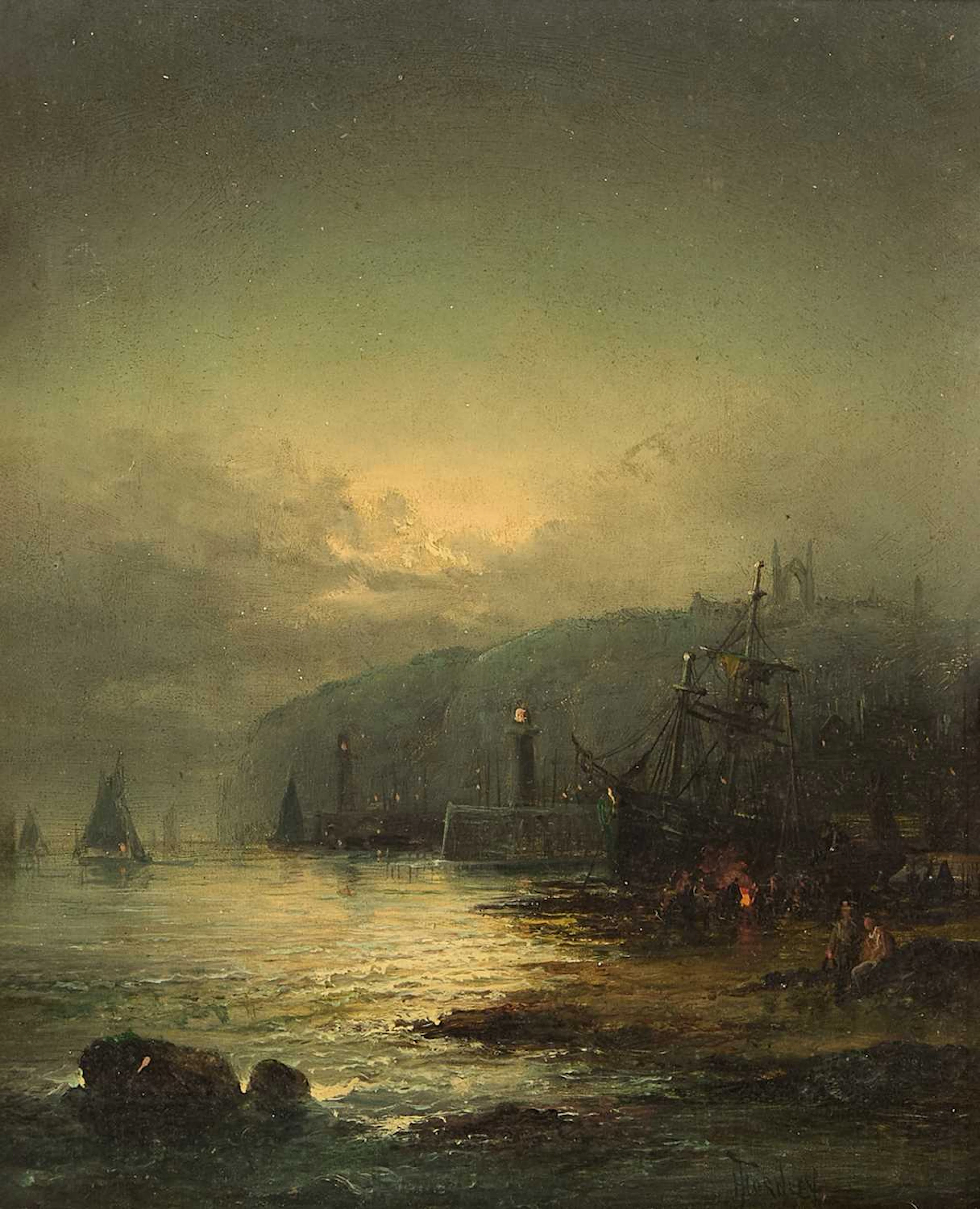 William Thornley (British, fl.1858-1898) 'Moonlight off Scarborough'