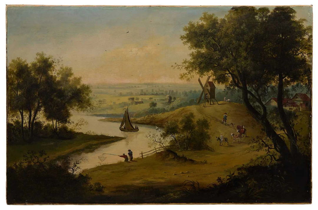English Naive School, 19th century A river landscape with figures