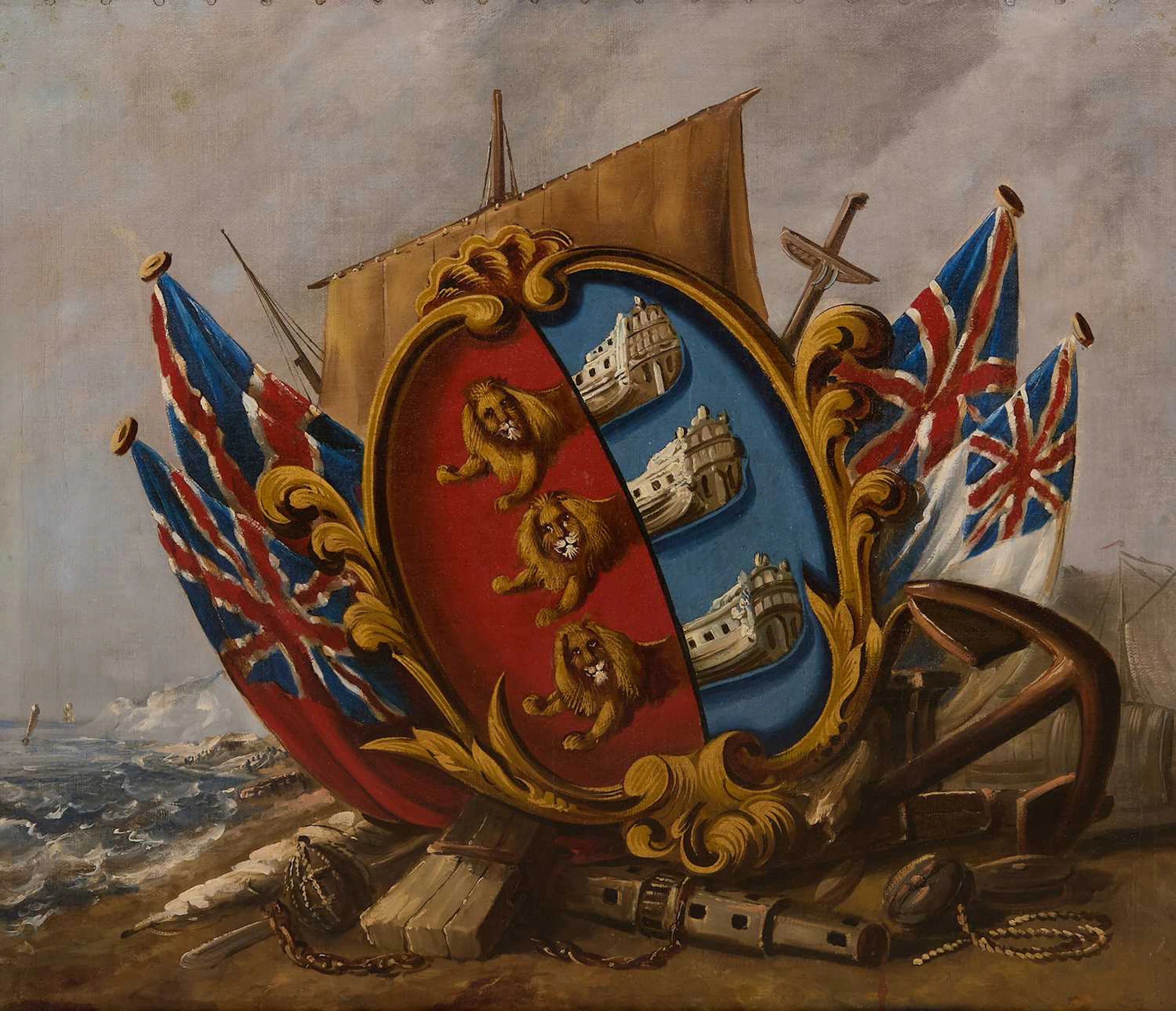 English School, 19th century The arms of the Cinque Ports and naval ensigns