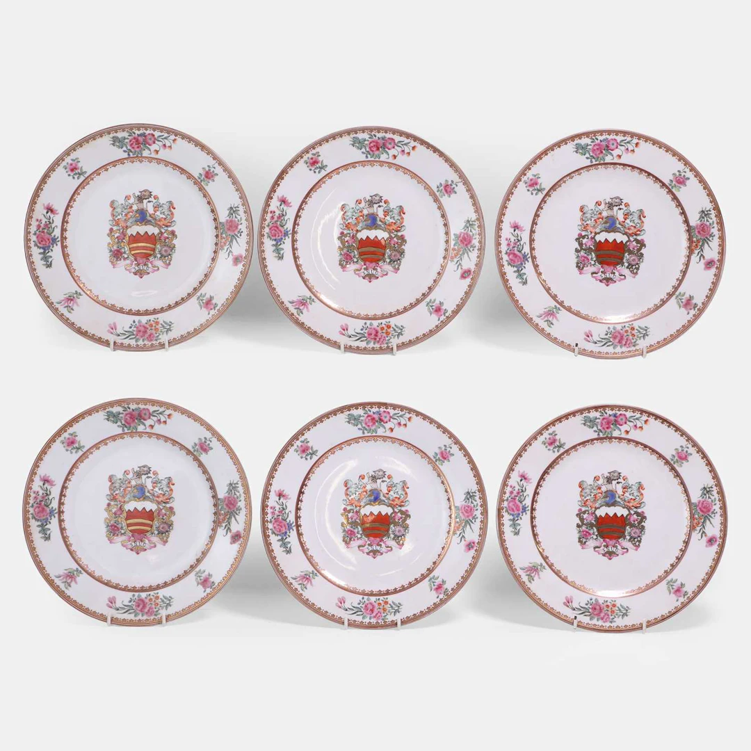 A collection of six Chinese export famille rose armorial plates 18th century