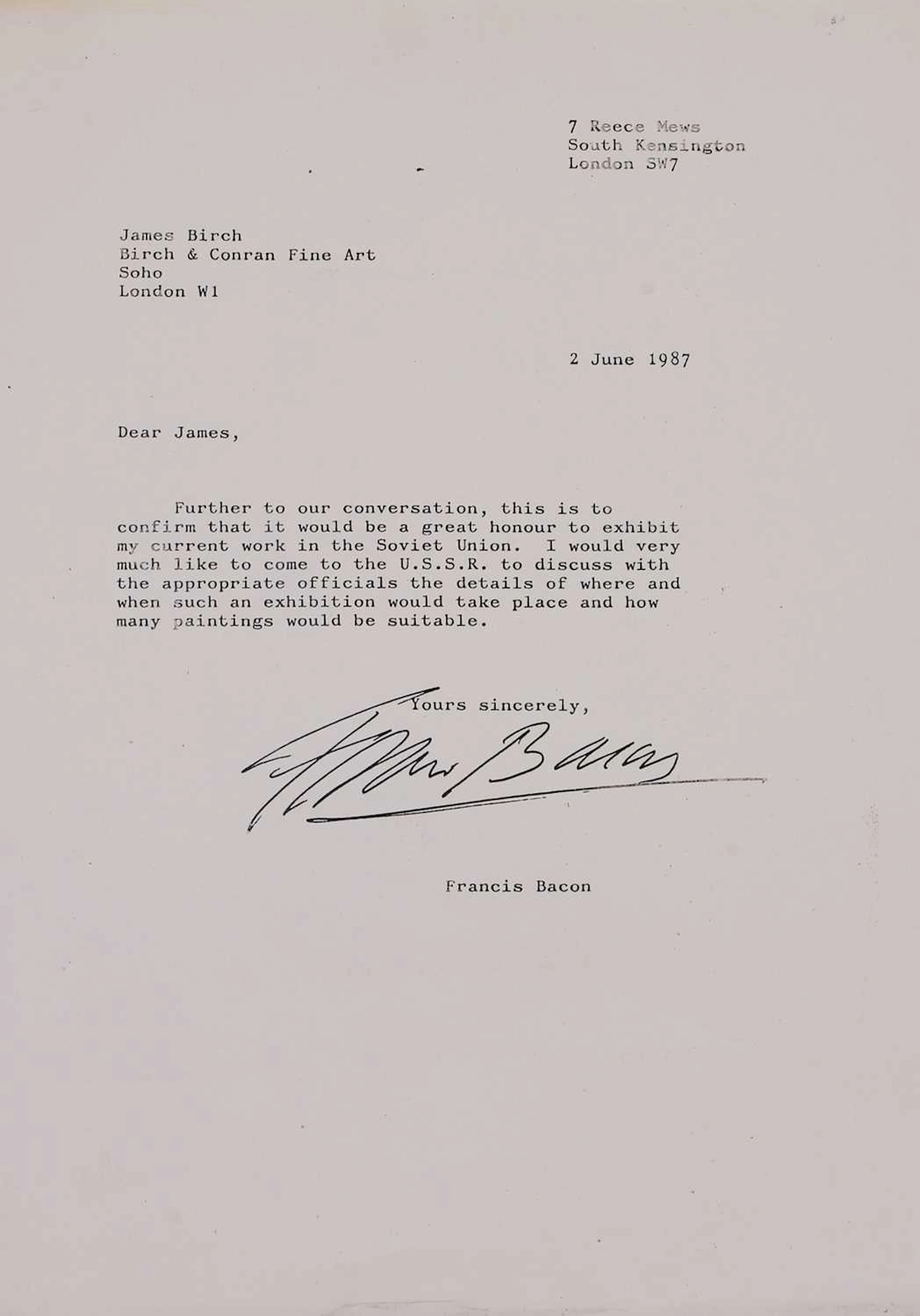 Francis Bacon (British, 1909-1992) A signed letter from Francis Bacon